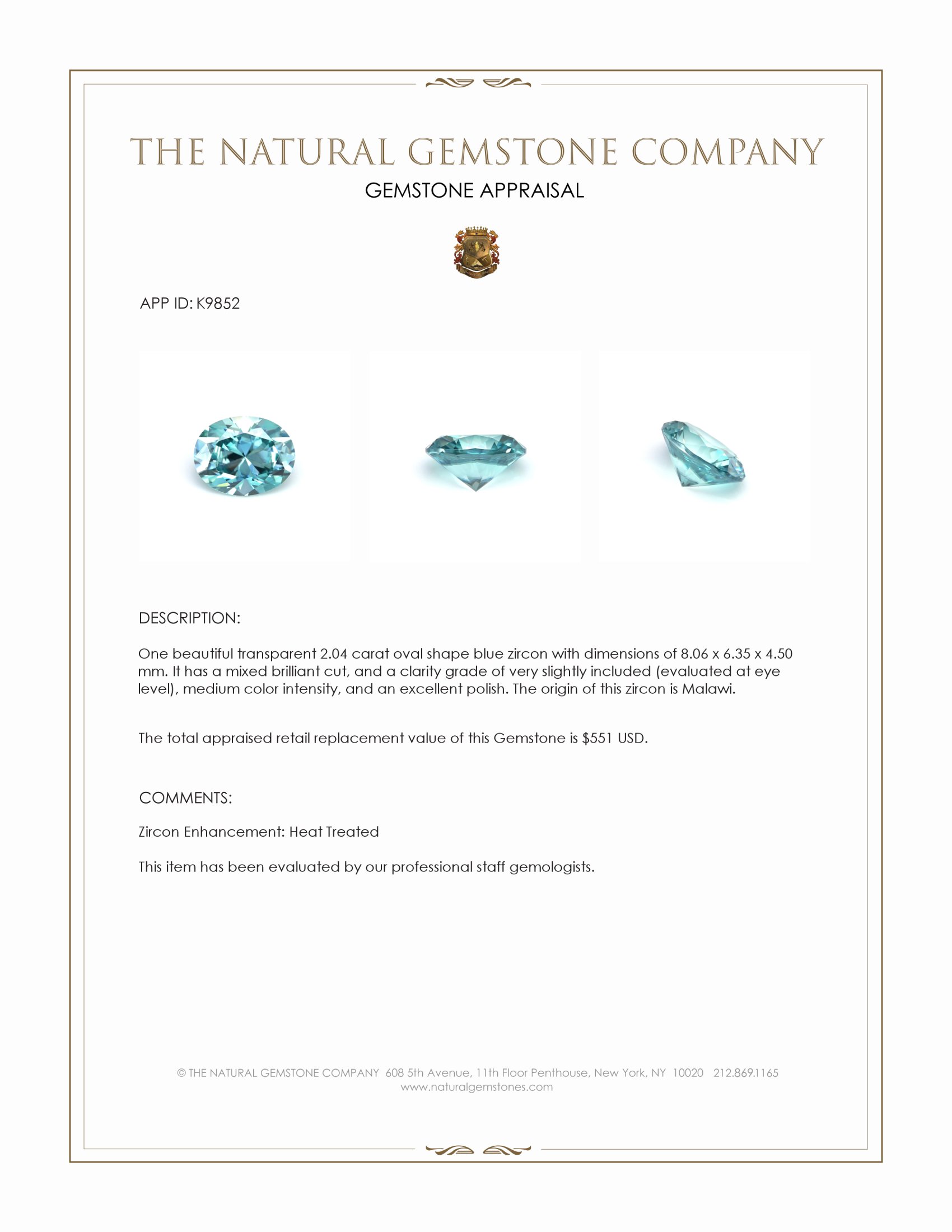 2.04 Ct. Blue Zircon from Malawi