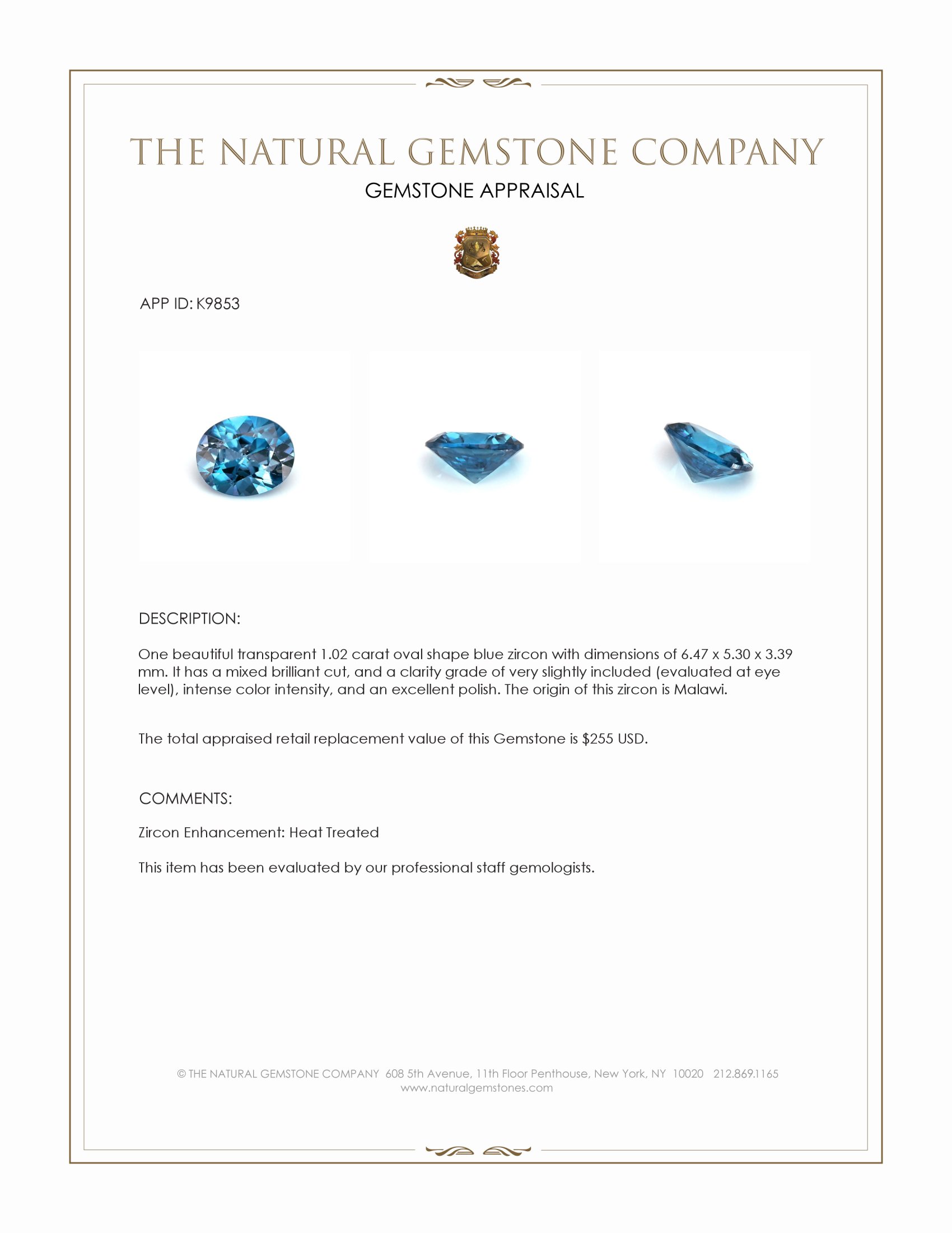 1.02 Ct. Blue Zircon from Malawi