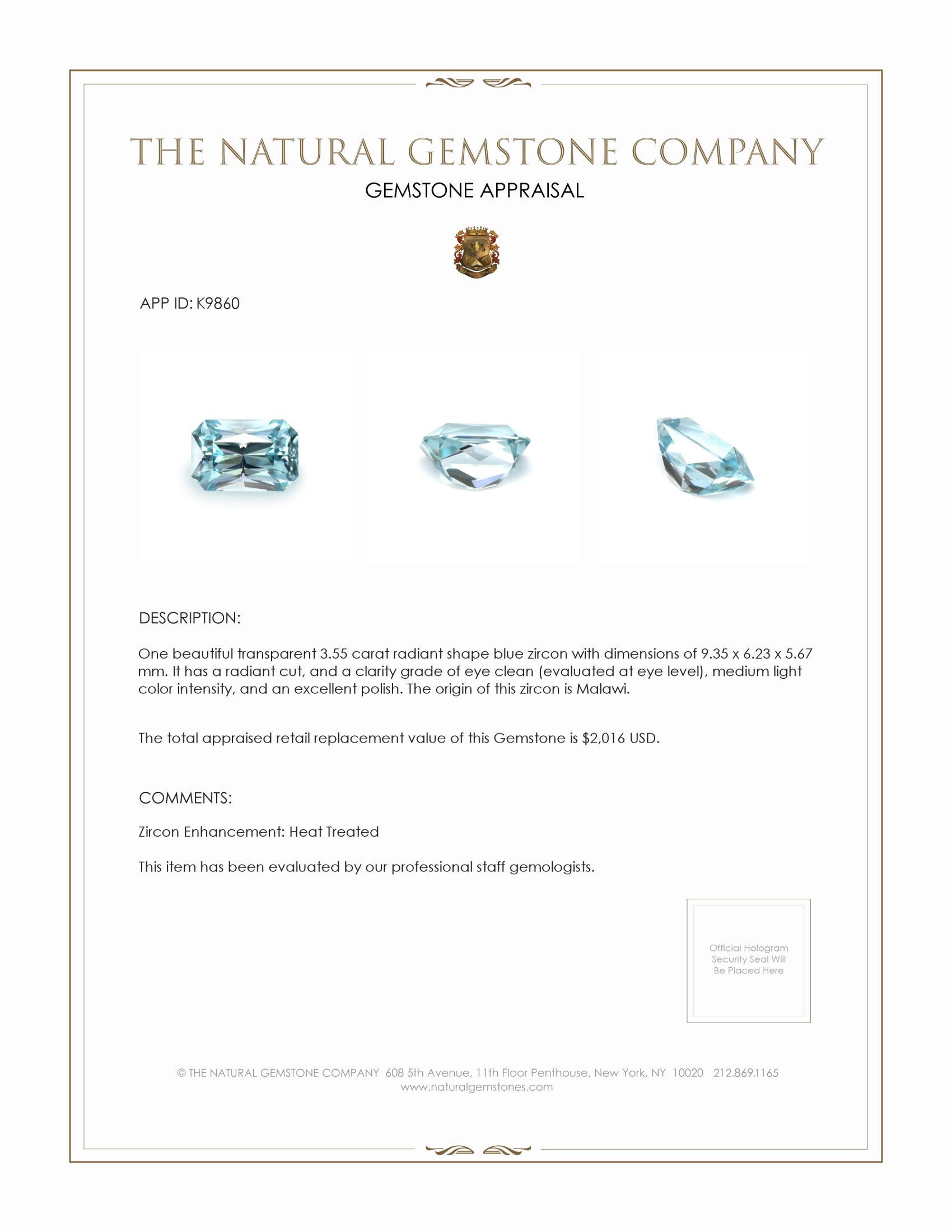 3.55 Ct. Zircon from Malawi