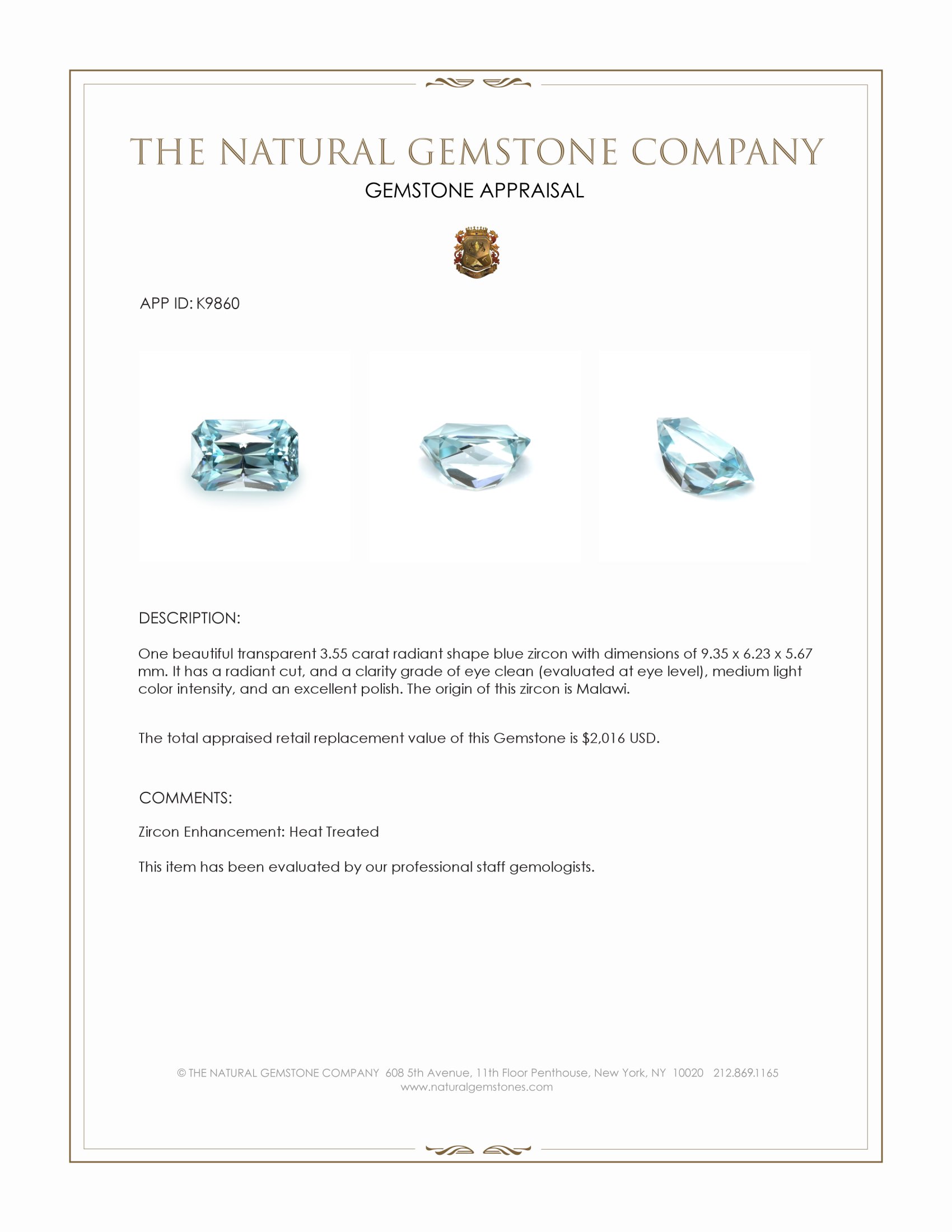 3.55 Ct. Blue Zircon from Malawi