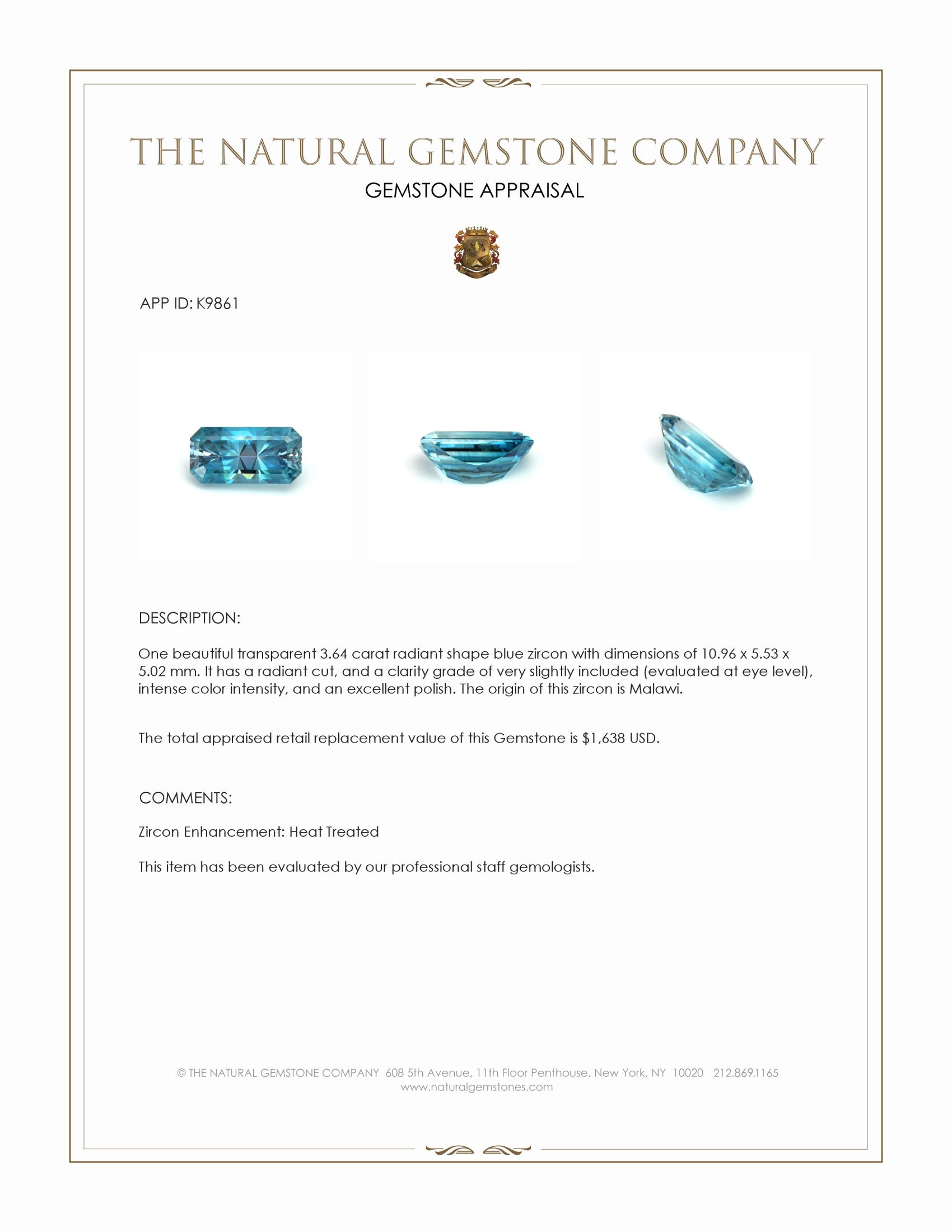 3.64 Ct. Blue Zircon from Malawi