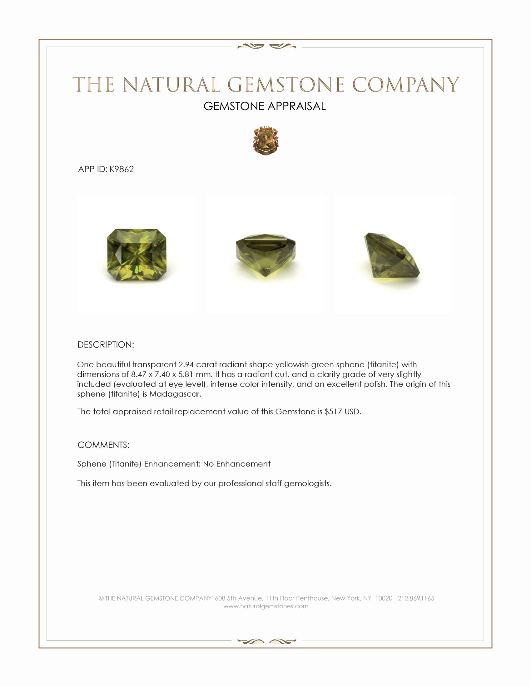 2.94 Ct. Yellowish Green Sphene (Titanite) from Madagascar