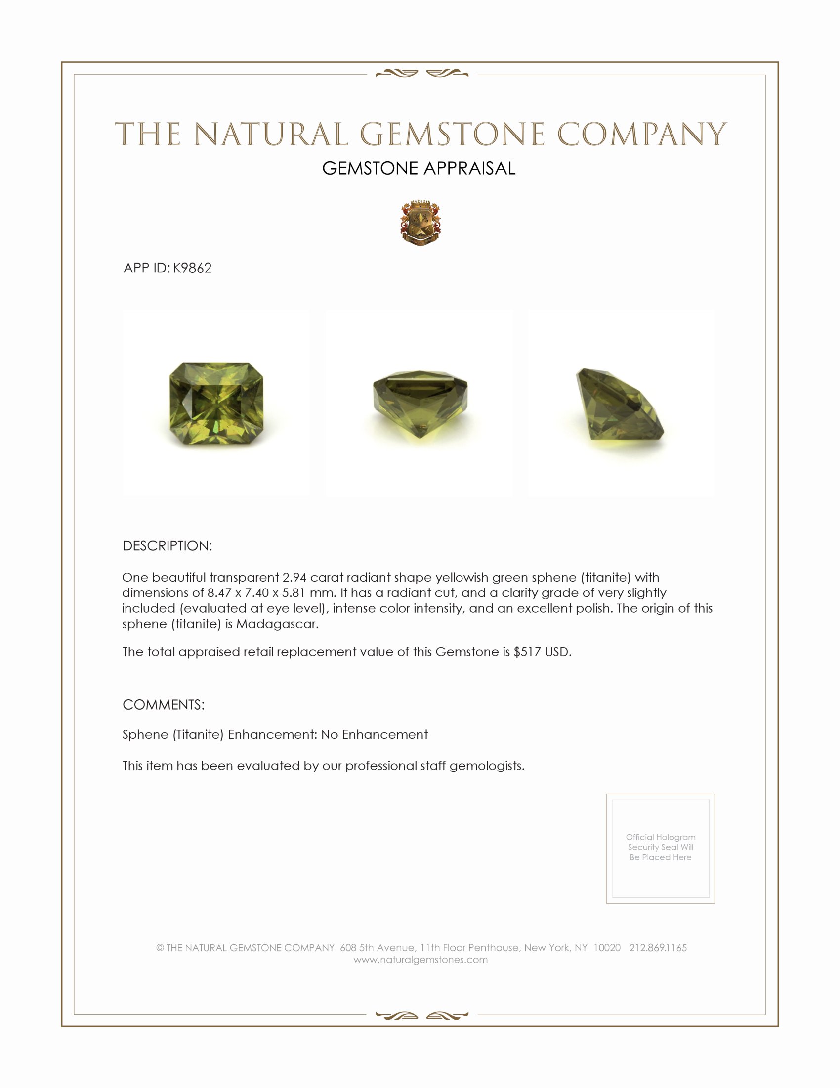 2.94 Ct. Sphene (Titanite) from Madagascar