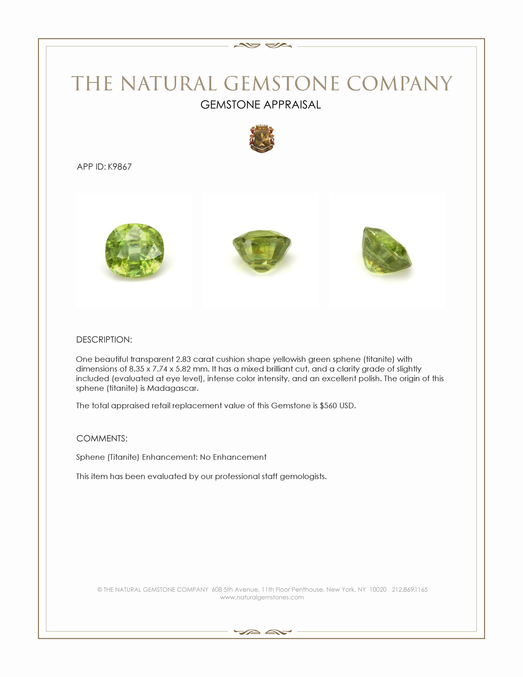 2.83 Ct. Yellowish Green Sphene (Titanite) from Madagascar