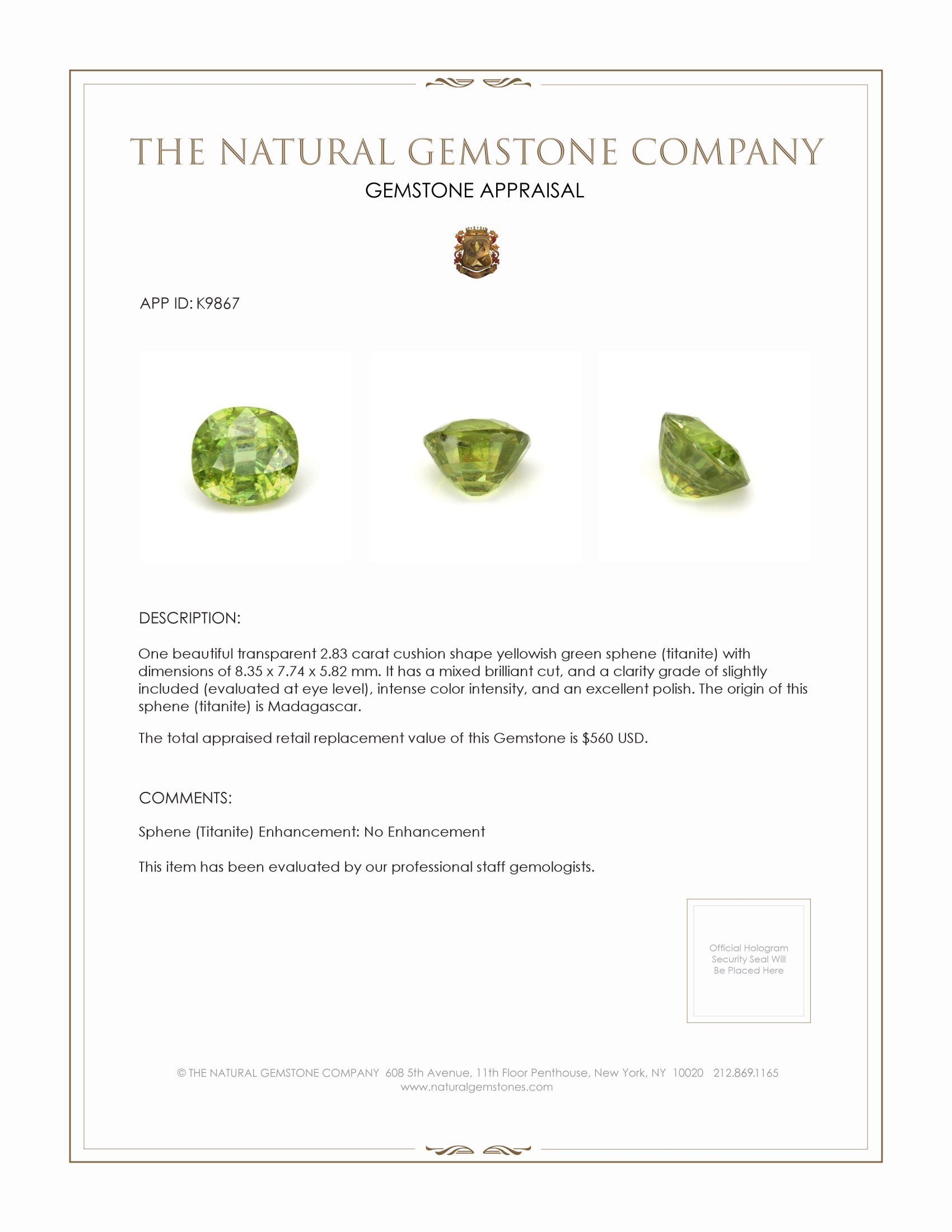 2.83 Ct. Sphene (Titanite) from Madagascar