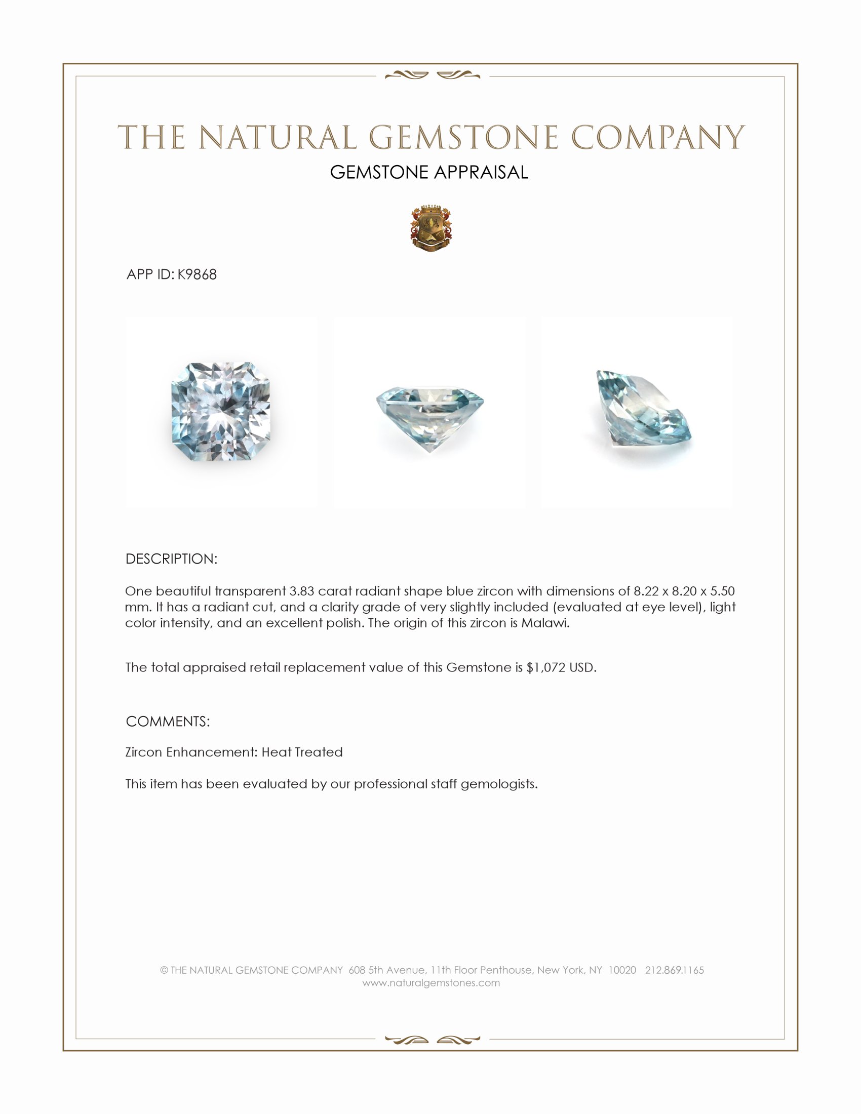 3.83 Ct. Blue Zircon from Malawi