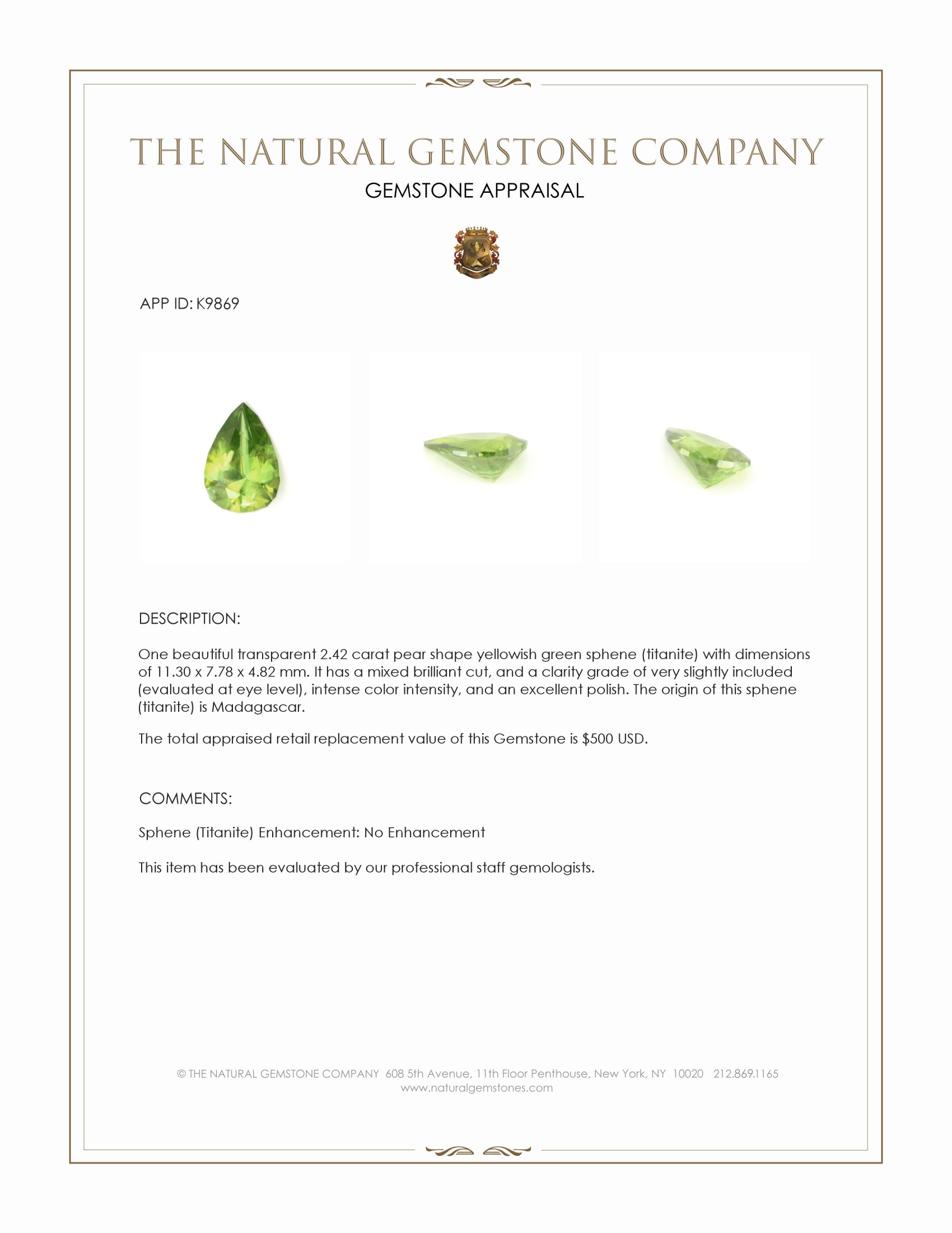 2.42 Ct. Yellowish Green Sphene (Titanite) from Madagascar