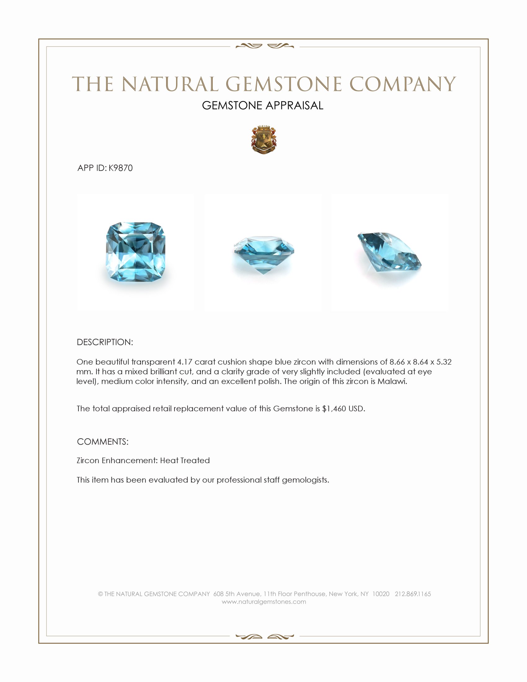 4.17 Ct. Blue Zircon from Malawi