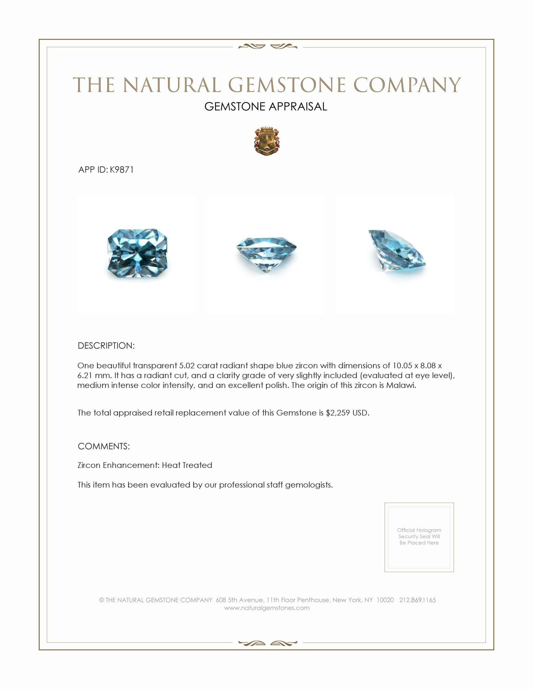 5.02 Ct. Blue Zircon from Malawi