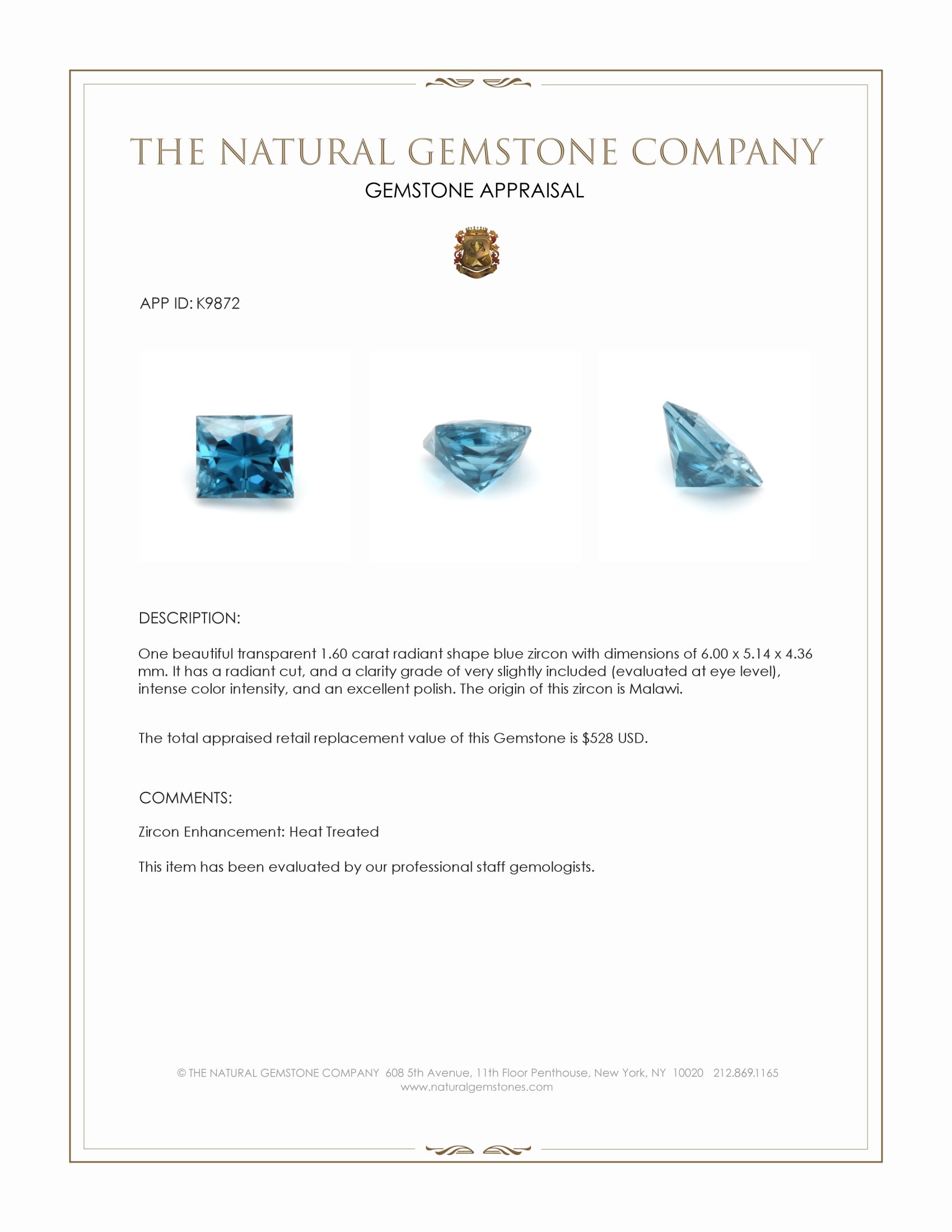1.60 Ct. Blue Zircon from Malawi