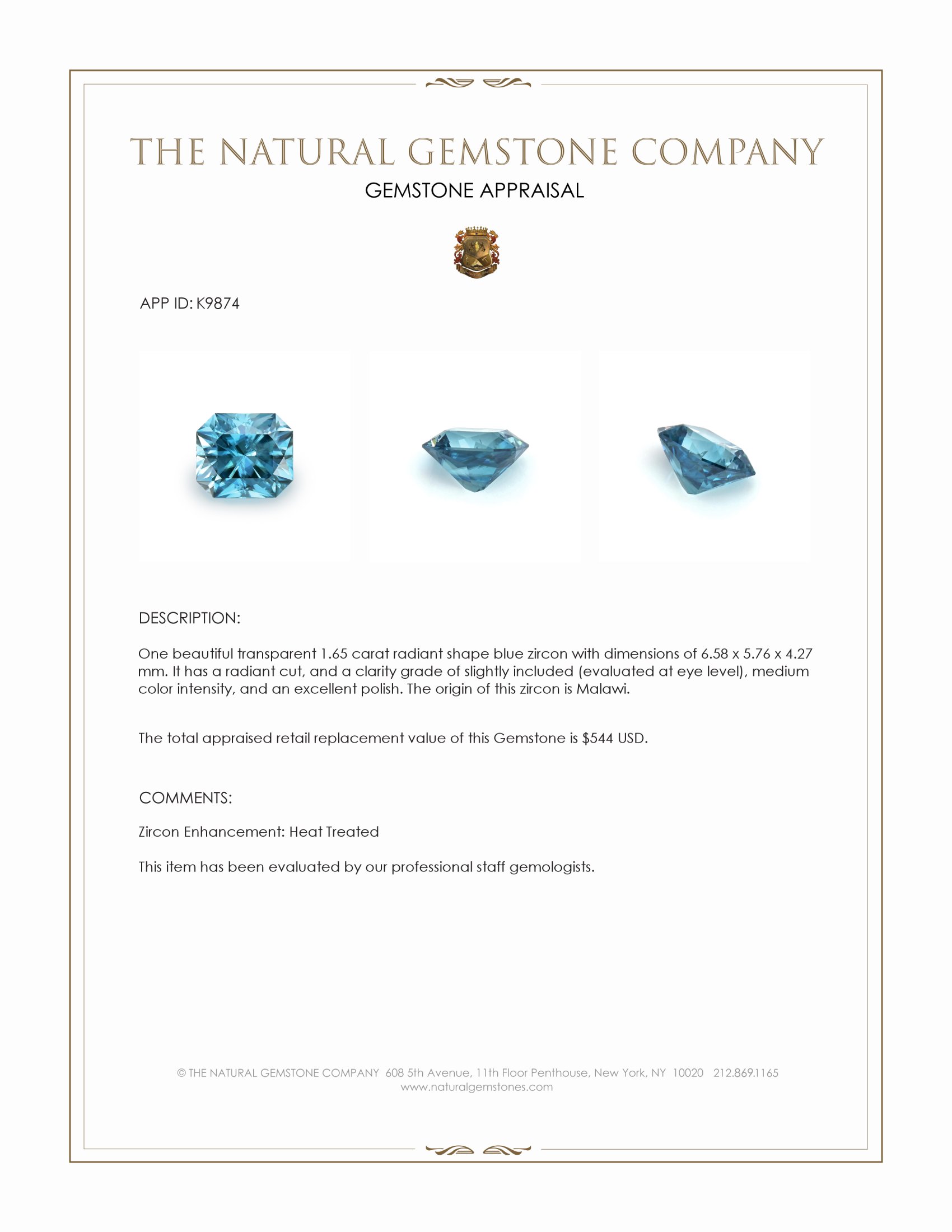 1.65 Ct. Blue Zircon from Malawi