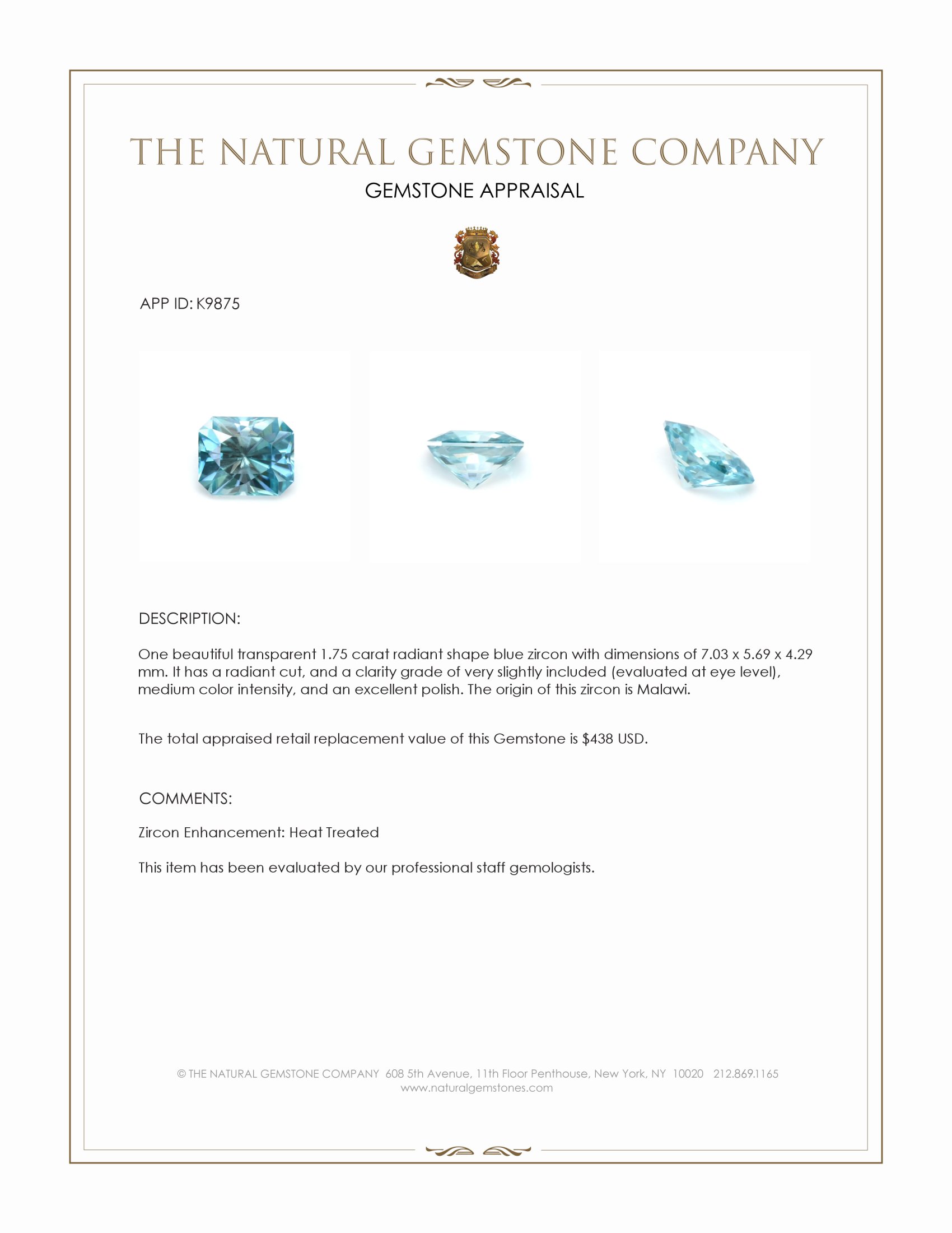 1.75 Ct. Blue Zircon from Malawi