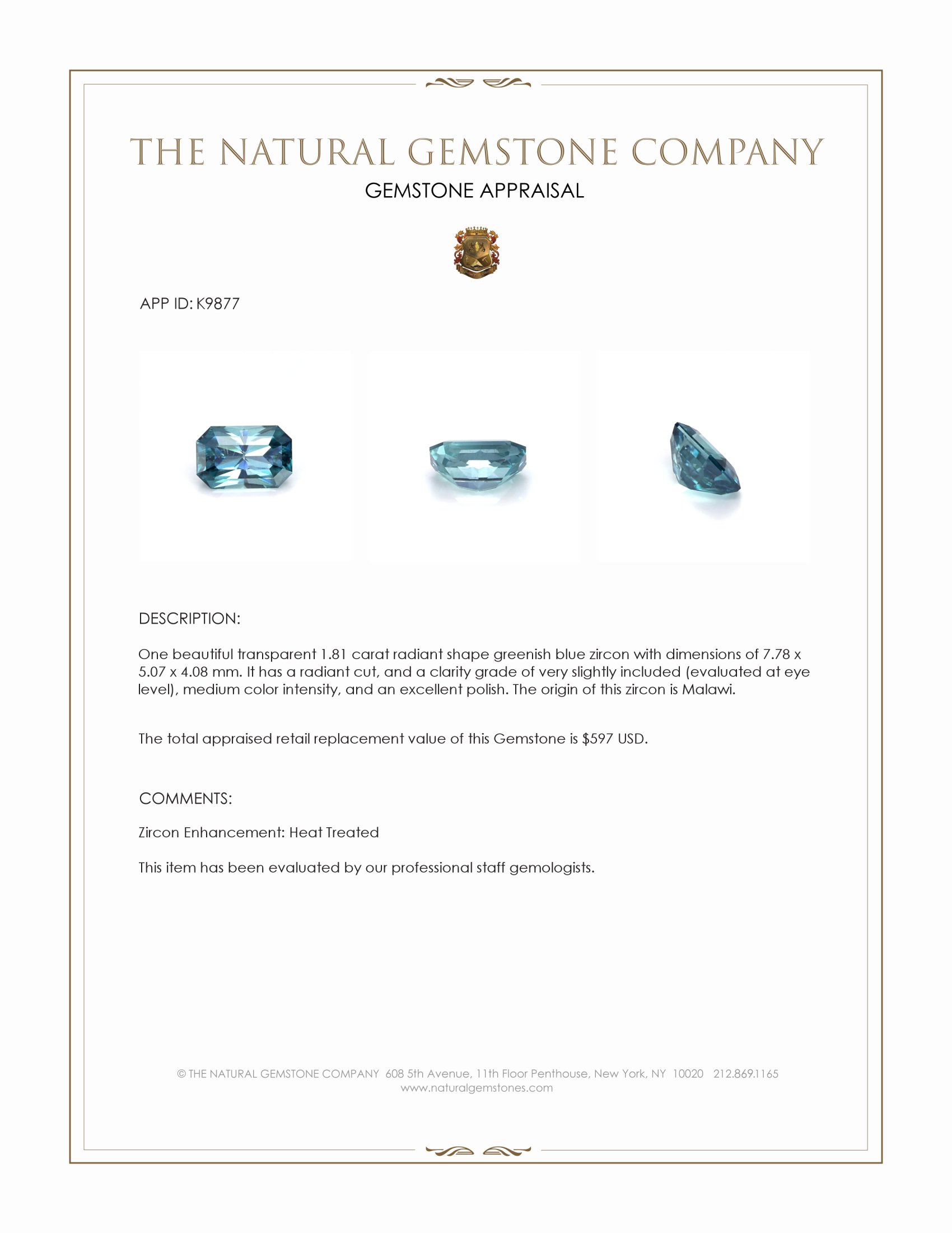 1.81 Ct. Greenish Blue Zircon from Malawi