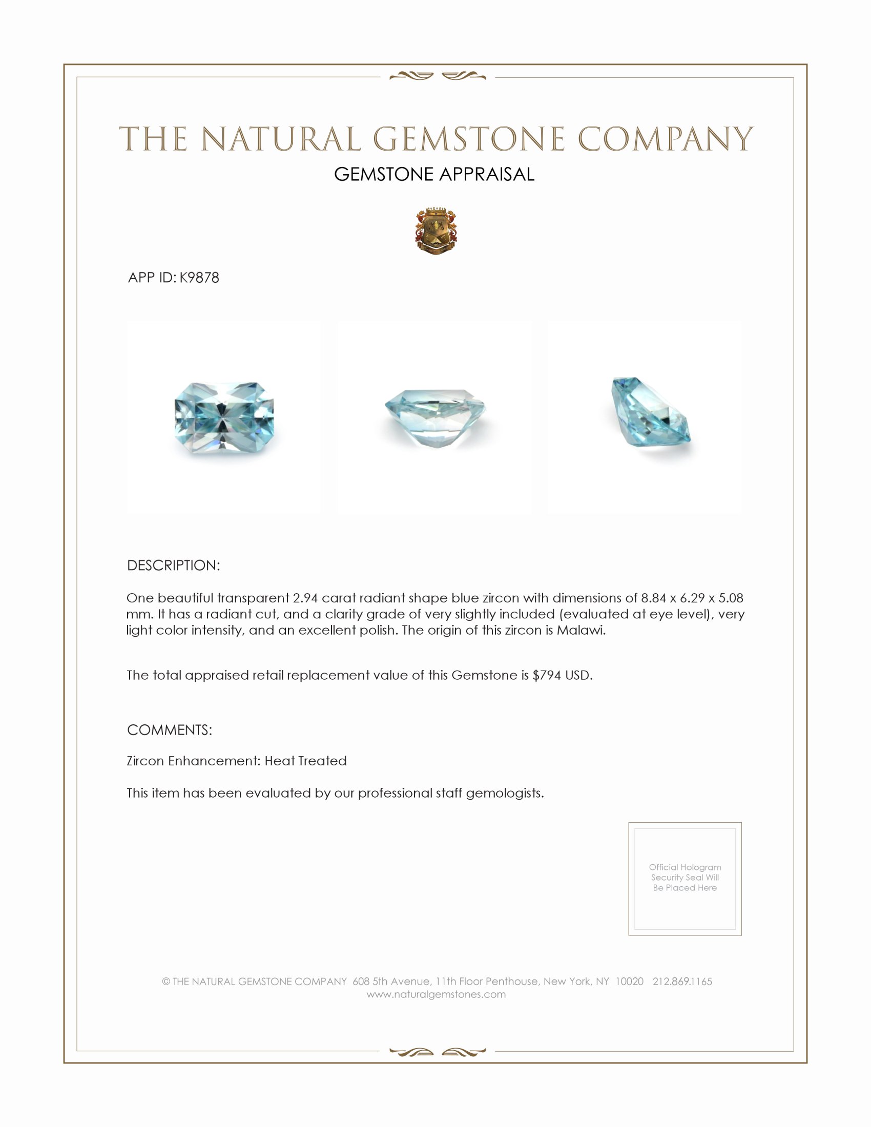 2.94 Ct. Zircon from Malawi