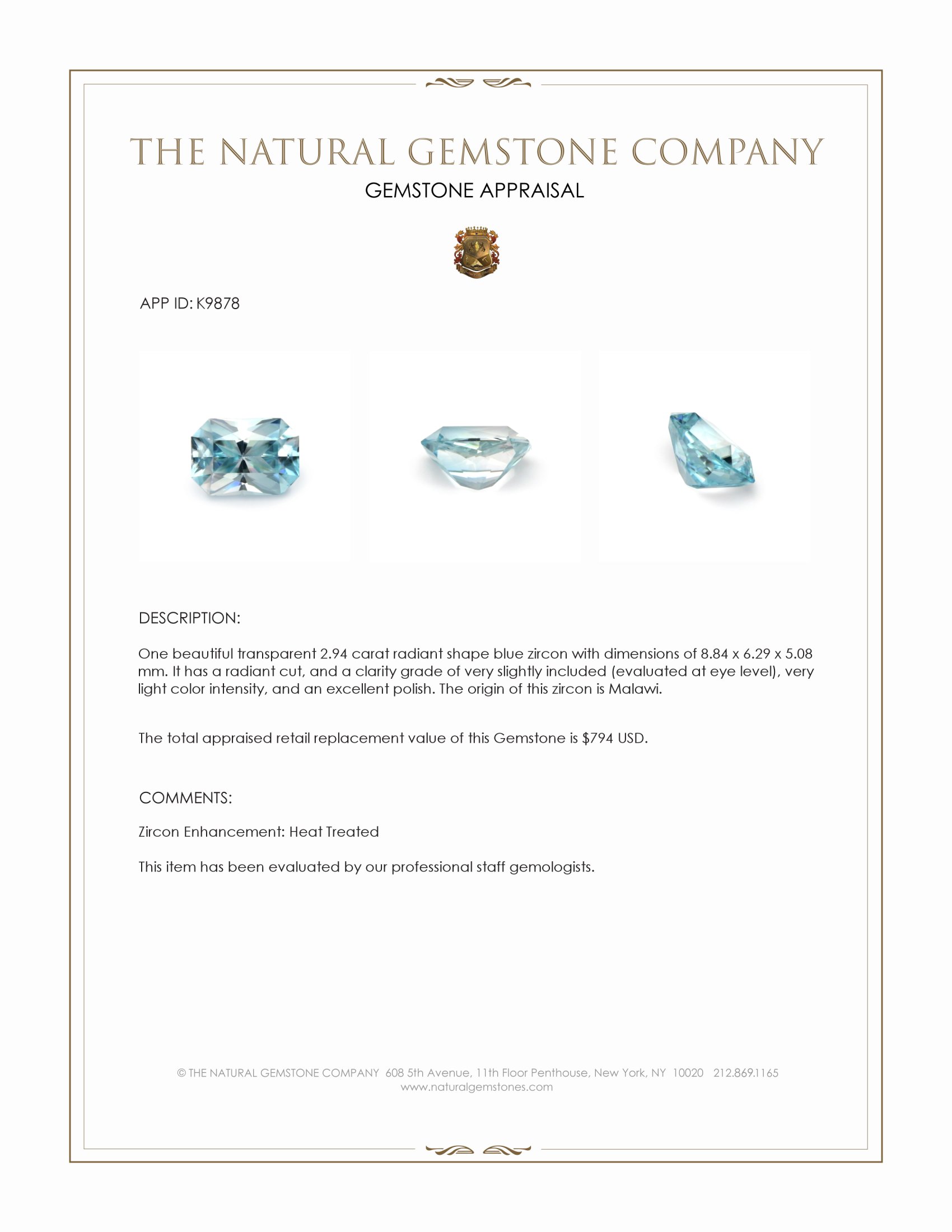 2.94 Ct. Blue Zircon from Malawi
