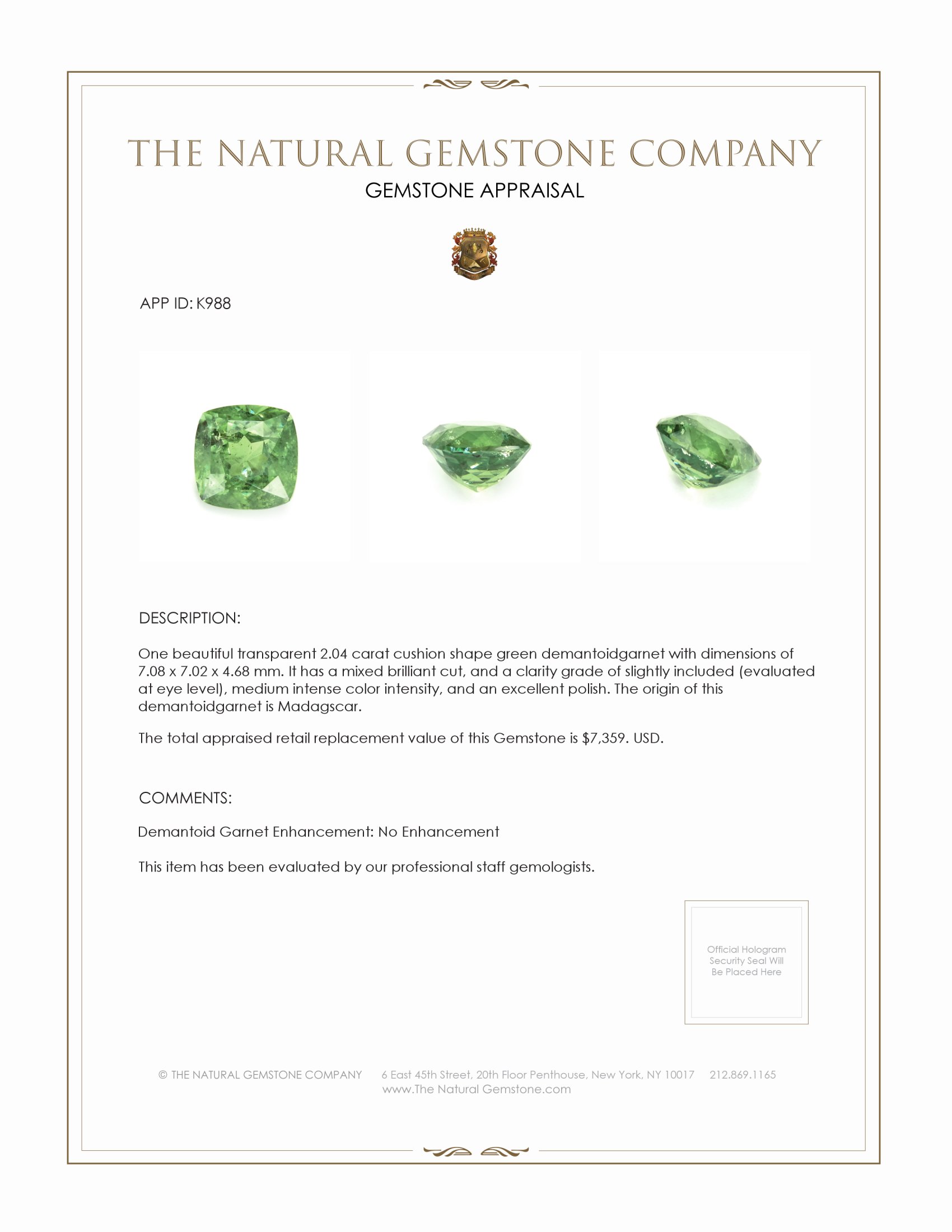 2.04 Ct. Demantoid Garnet from Madagascar