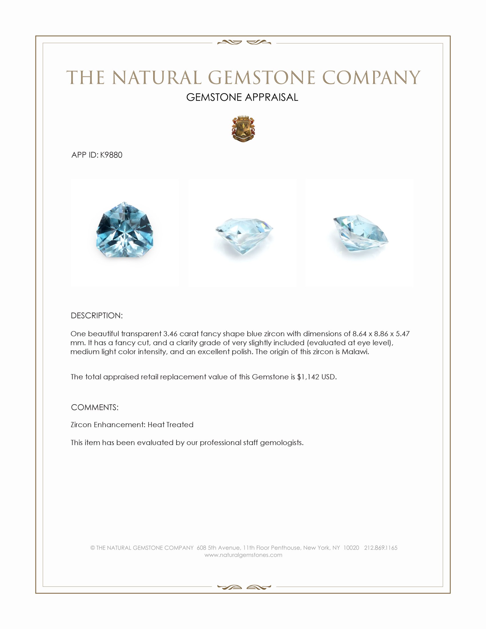 3.46 Ct. Blue Zircon from Malawi