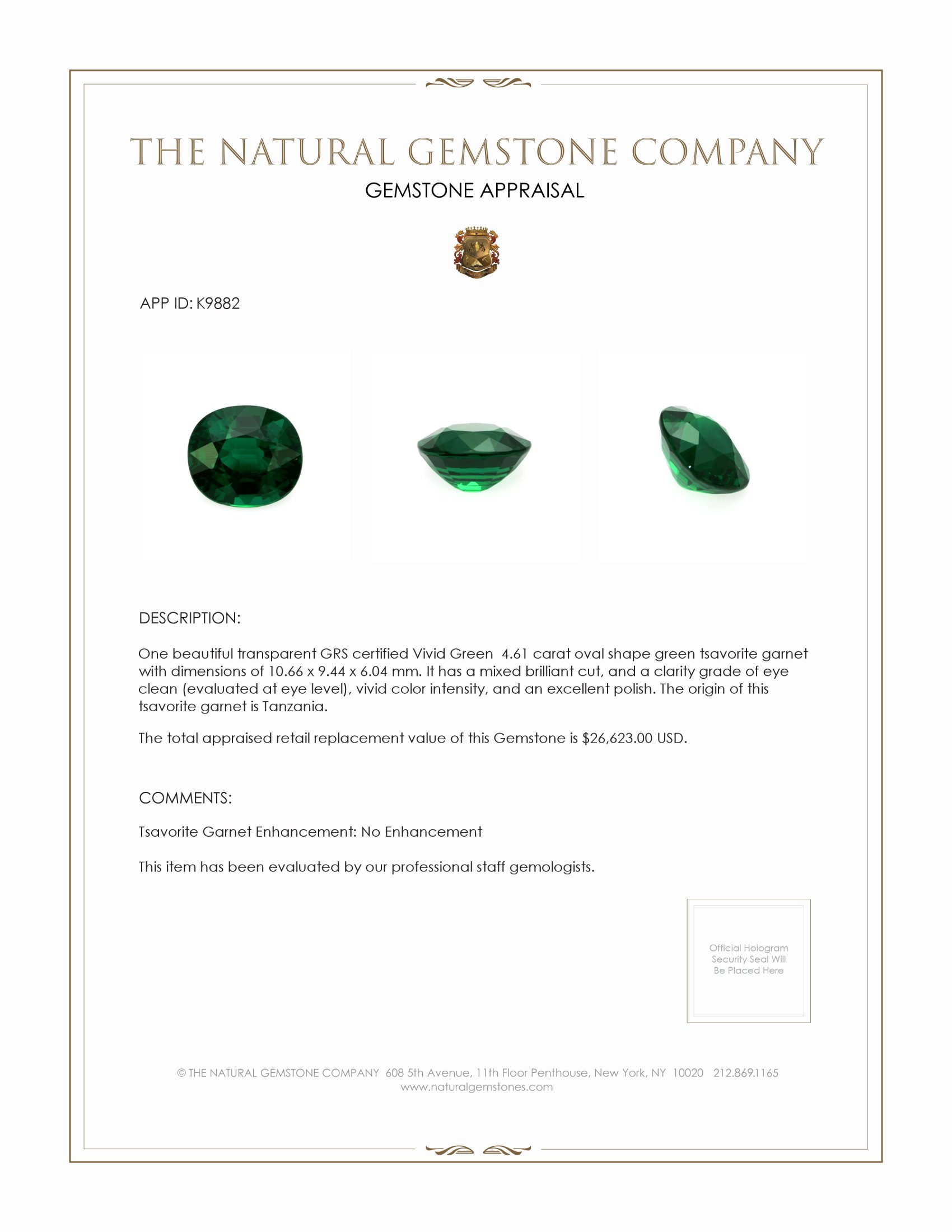 4.61 Ct. Tsavorite Garnet from Tanzania