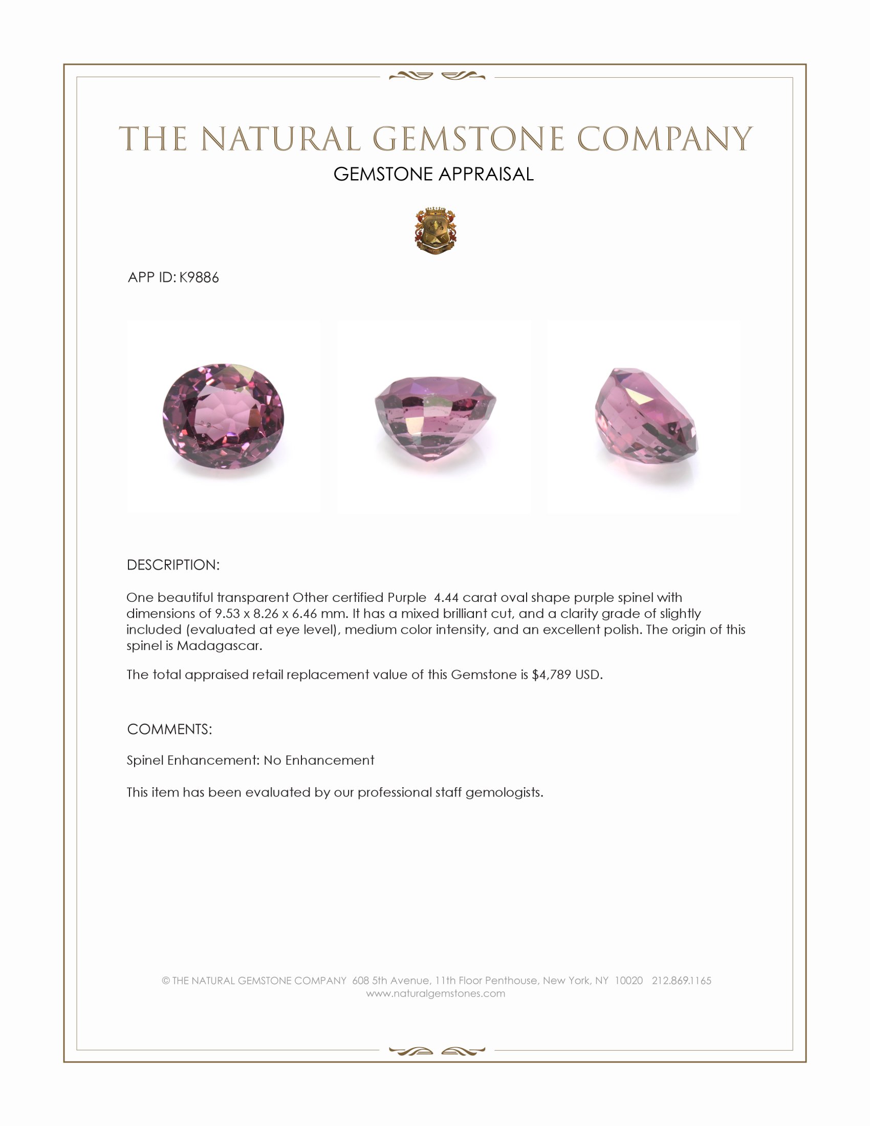 4.44 Ct. Pinkish Purple Spinel from Madagascar