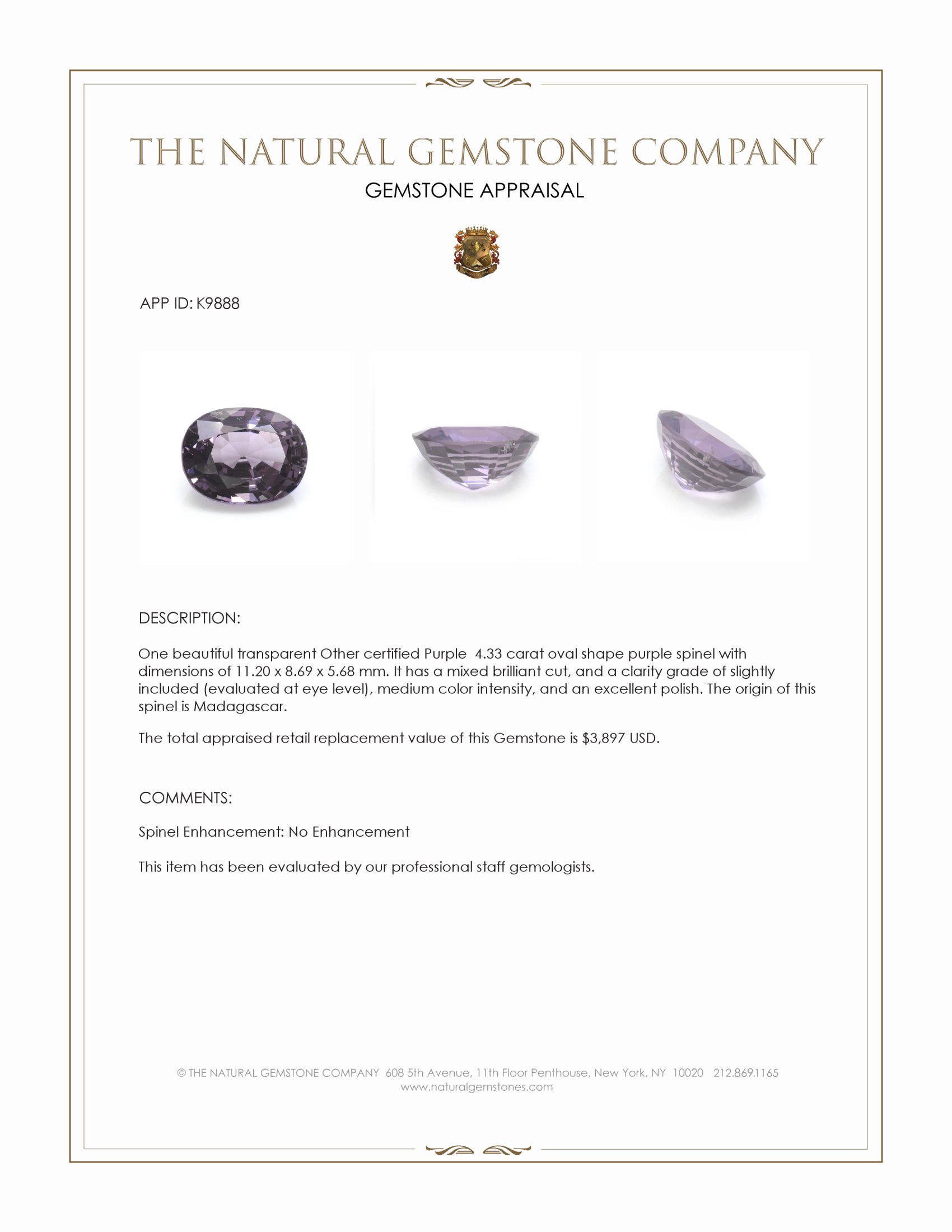 4.33 Ct. Purple Spinel from Madagascar