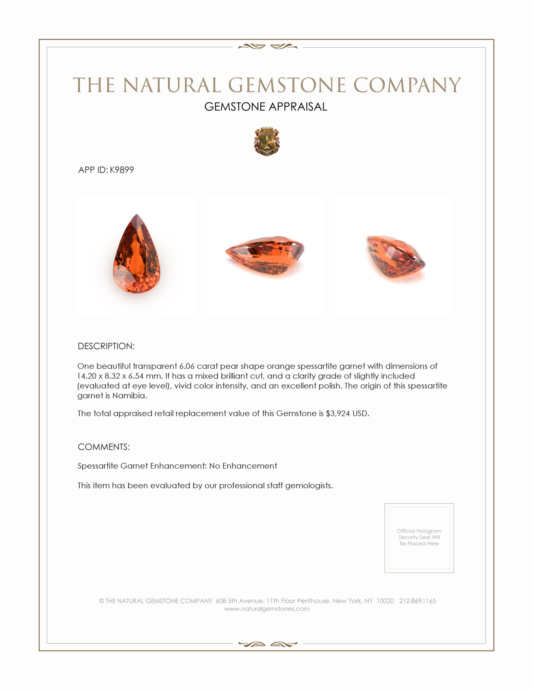 6.06 Ct. Spessartite Garnet from Namibia