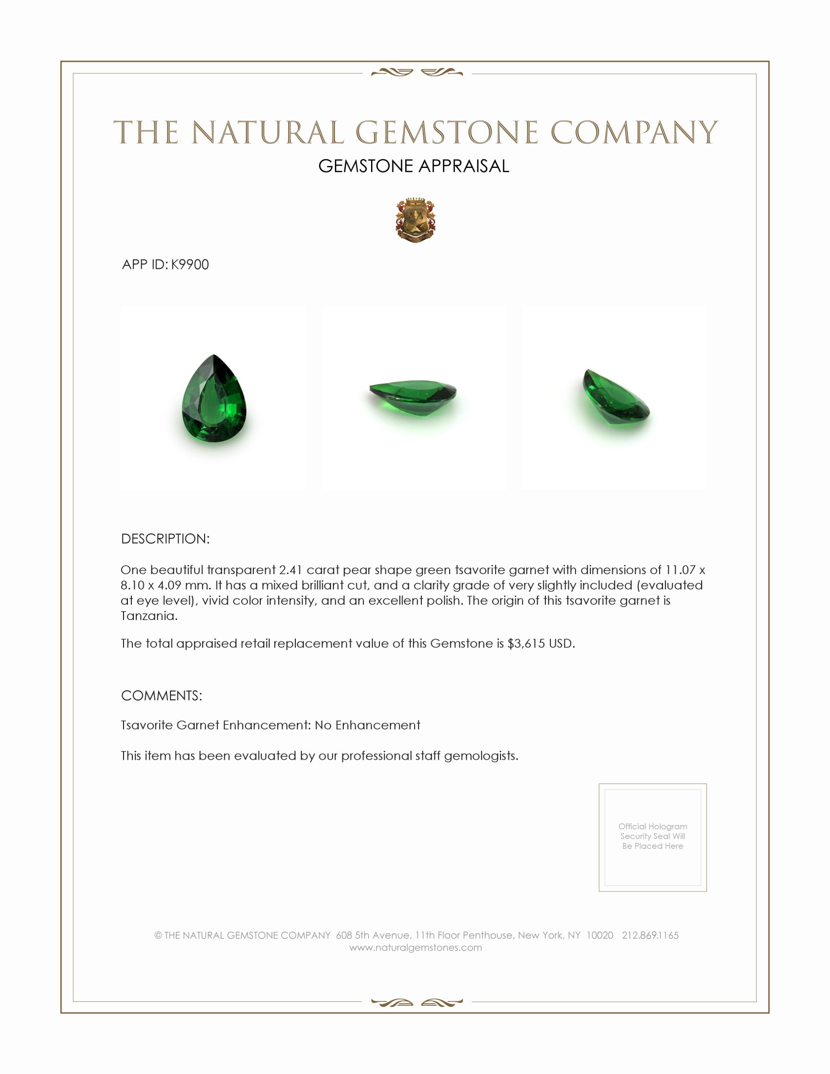 2.41 Ct. Tsavorite Garnet from Tanzania