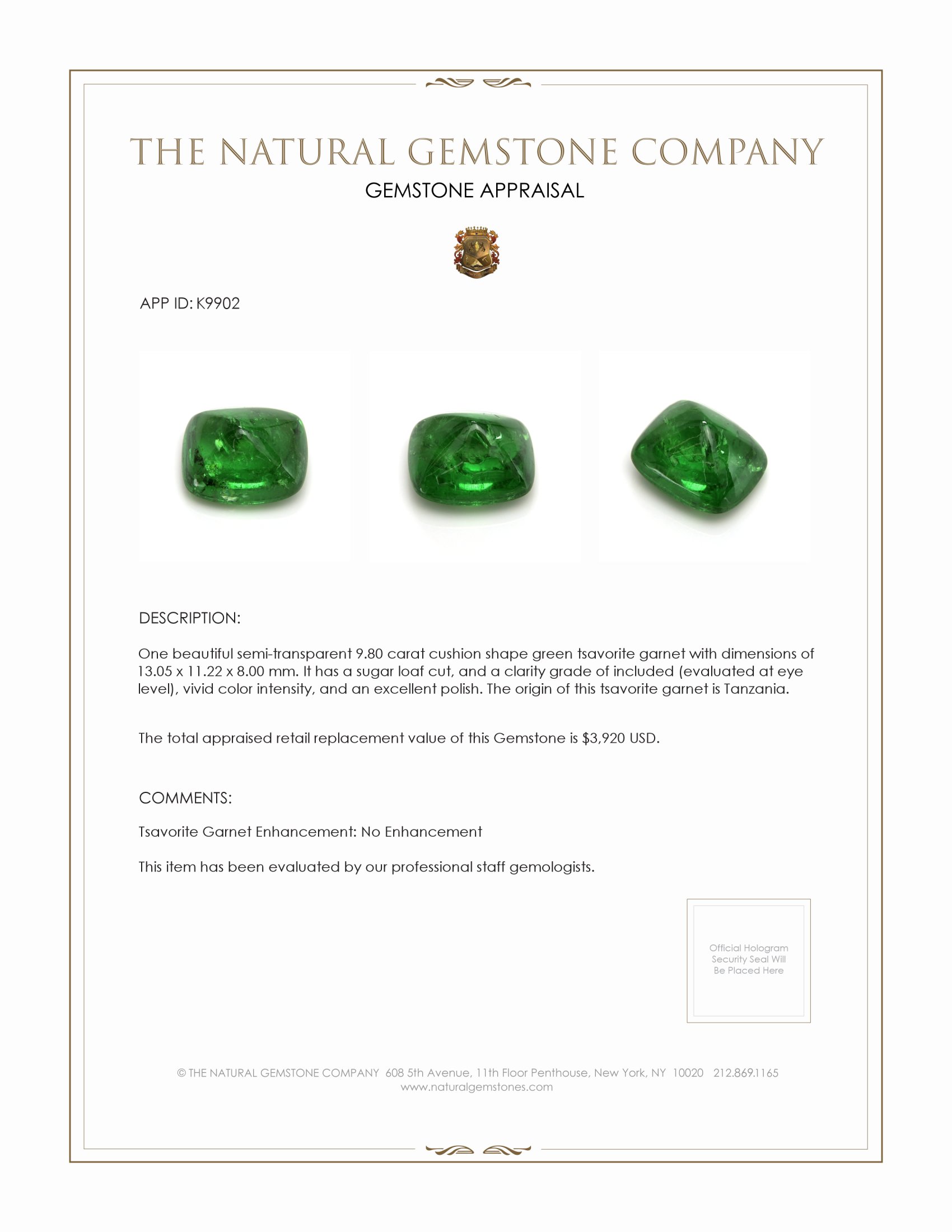 9.80 Ct. Cabochon Tsavorite Garnet from Tanzania