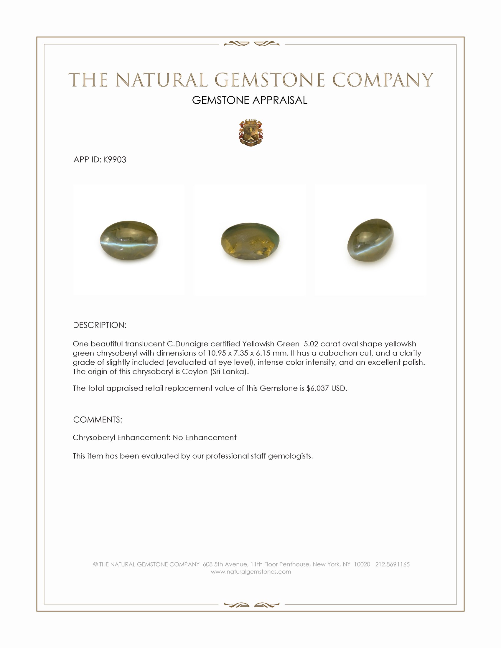 5.02 Ct. Yellowish Green Cabochon Cat’s Eye Chrysoberyl from Ceylon (Sri Lanka)