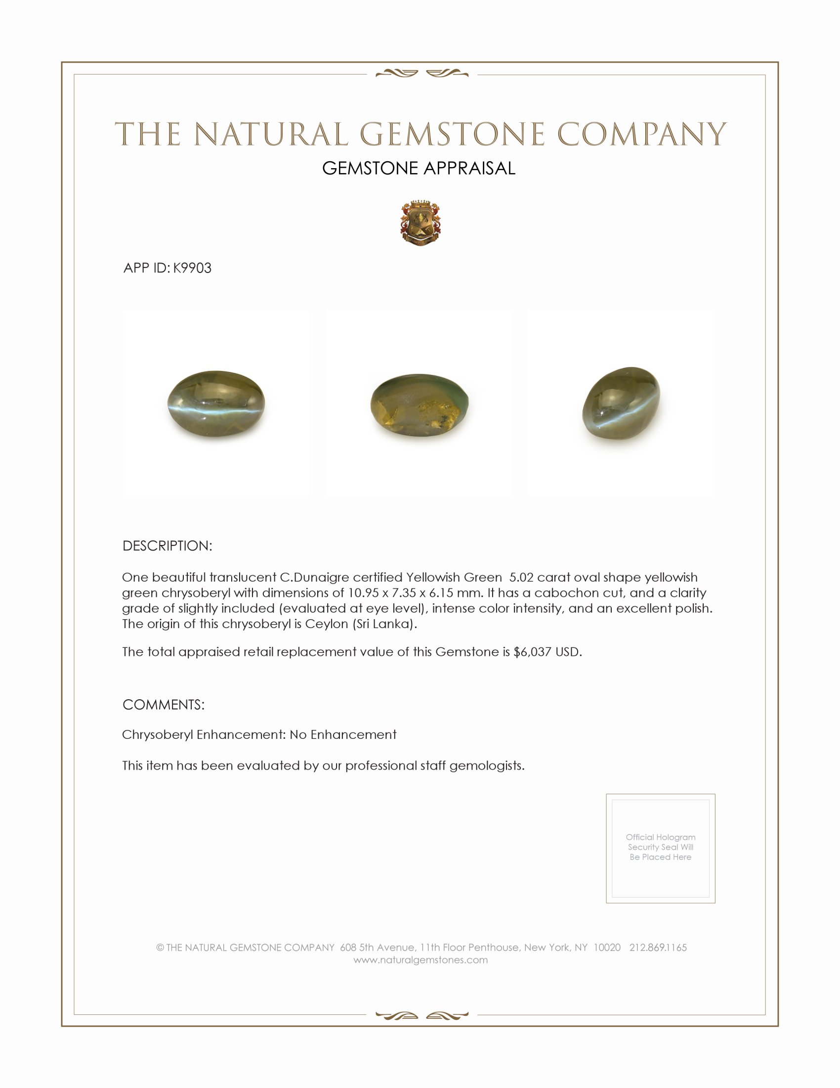 5.02 Ct. Cabochon Chrysoberyl from Ceylon (Sri Lanka)