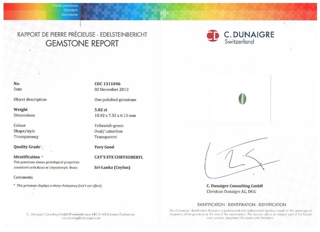 5.02 Ct. Cabochon Chrysoberyl from Ceylon (Sri Lanka)
