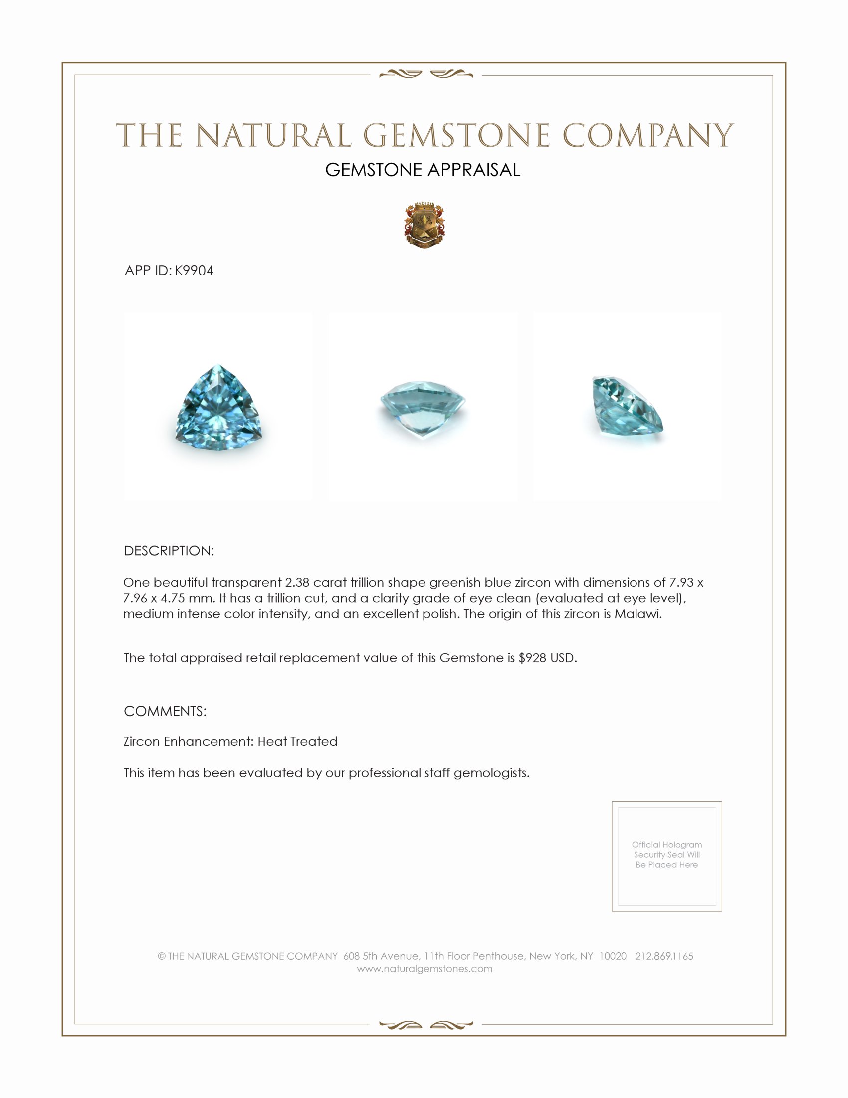 2.38 Ct. Zircon from Malawi