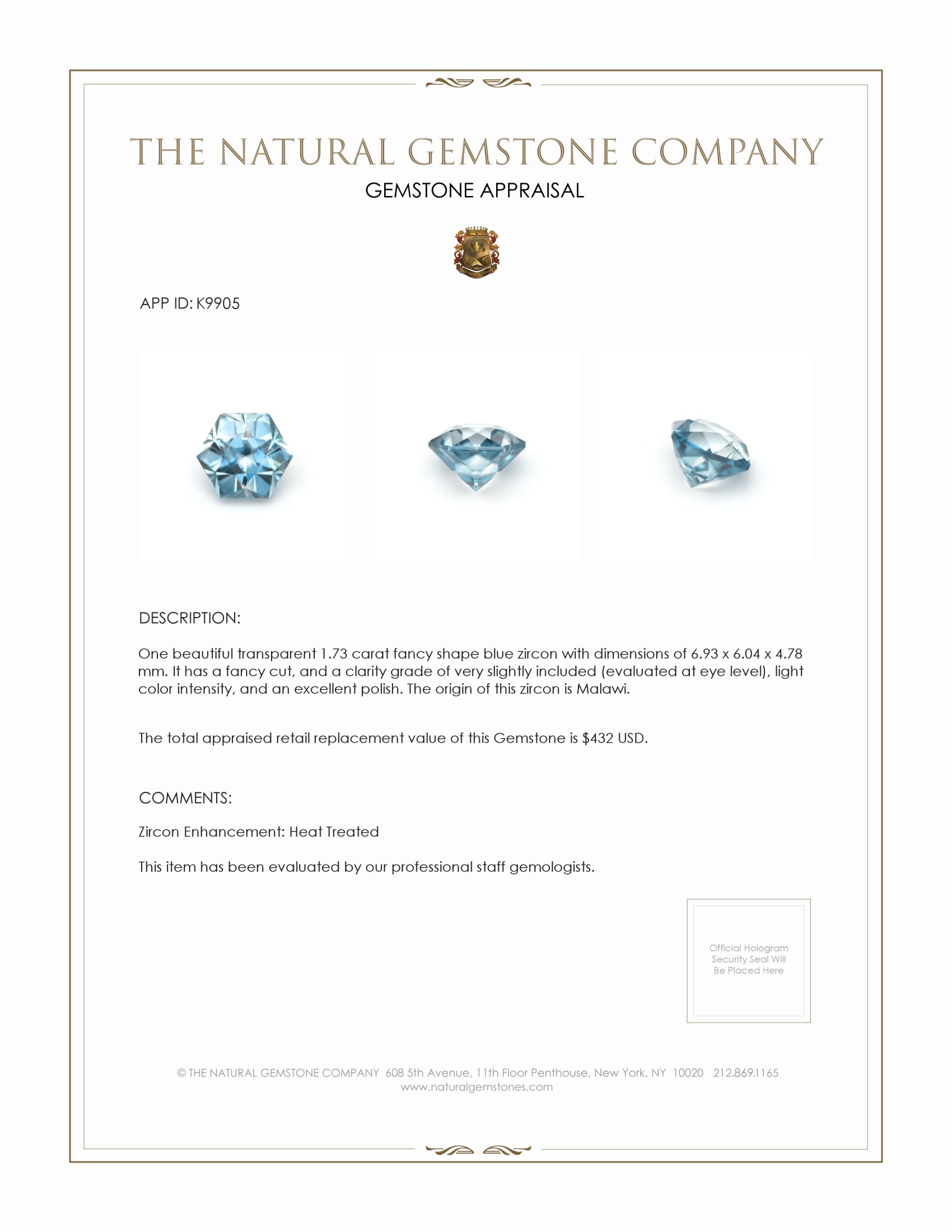 1.73 Ct. Zircon from Malawi