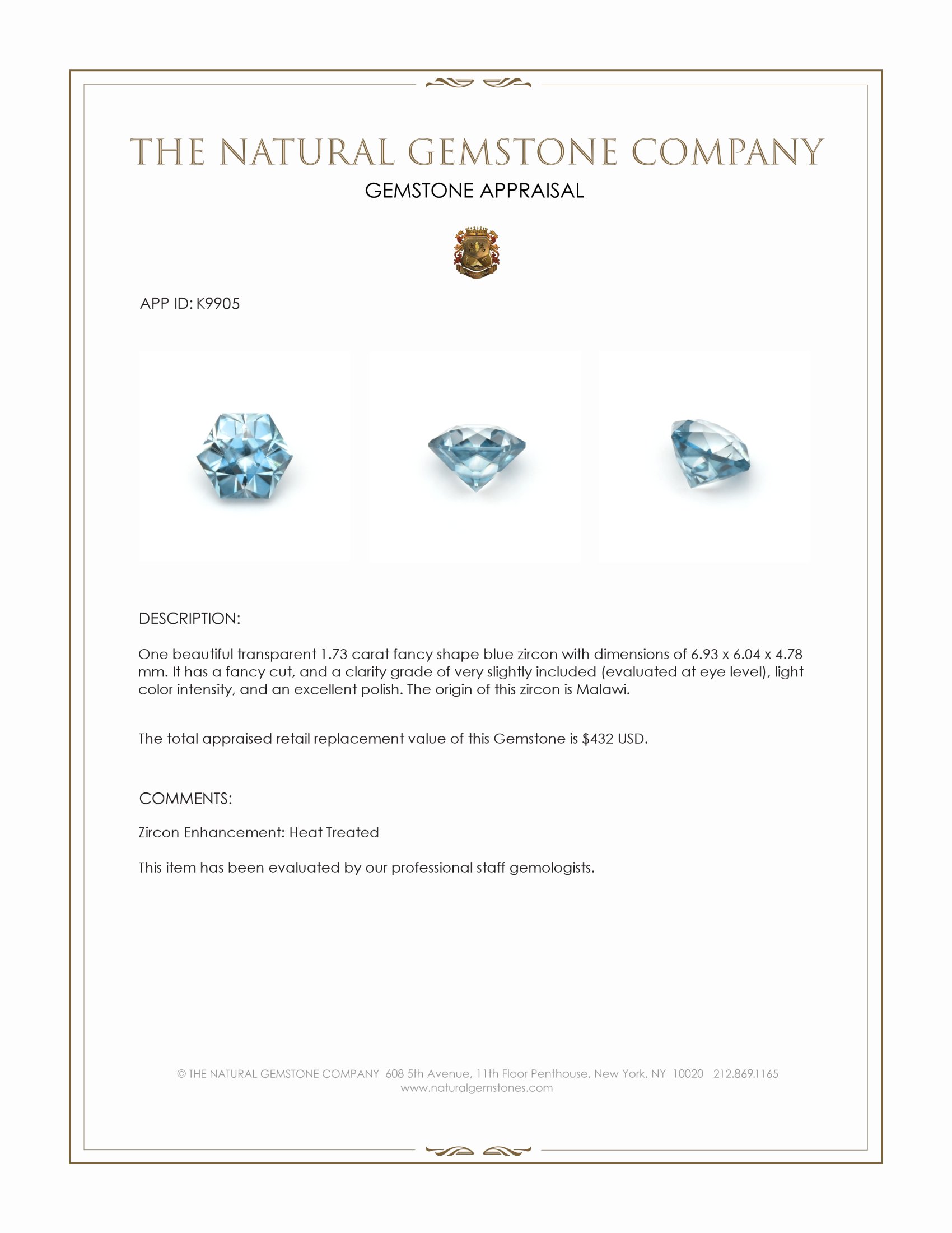 1.73 Ct. Zircon from Malawi