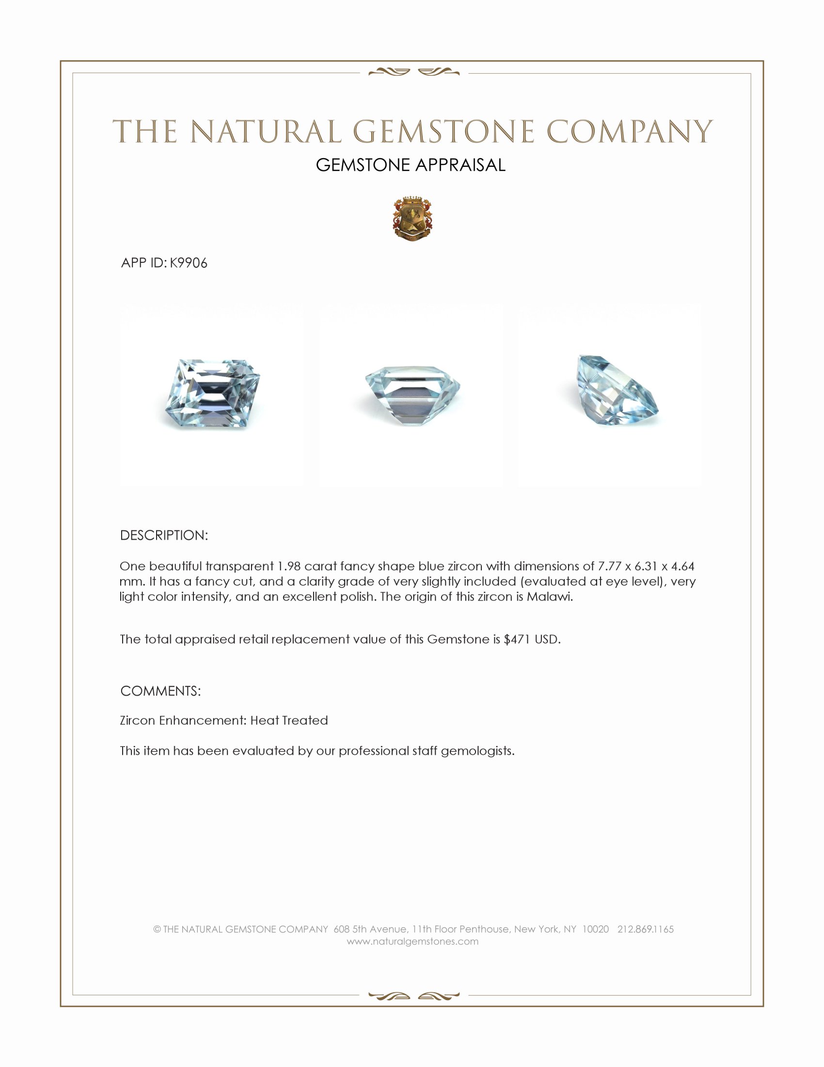 1.98 Ct. Blue Zircon from Malawi