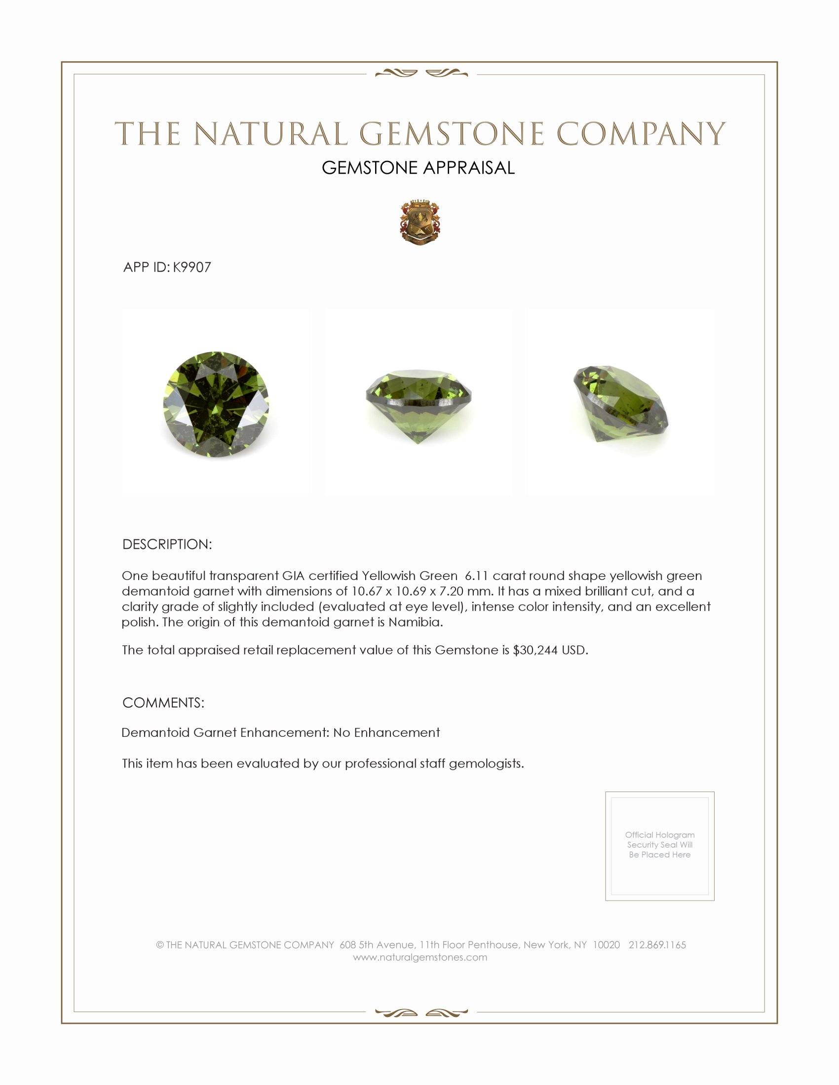 6.11 Ct. Demantoid Garnet from Namibia