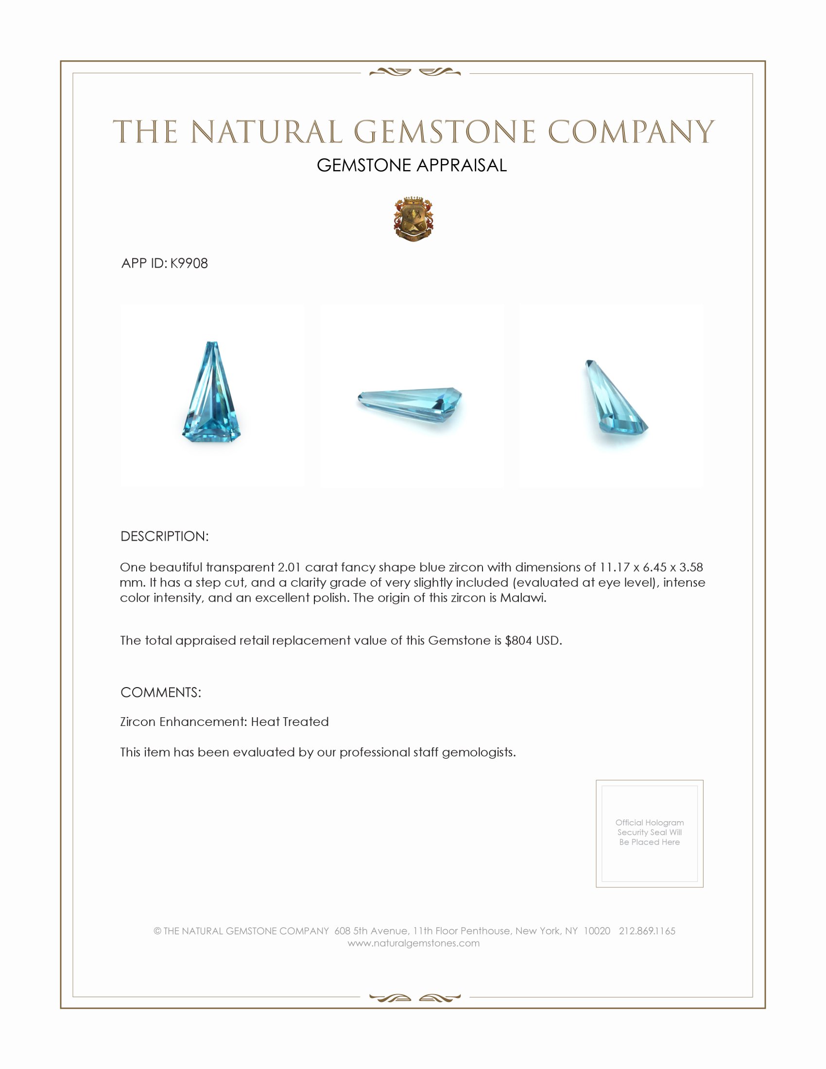 2.01 Ct. Zircon from Malawi