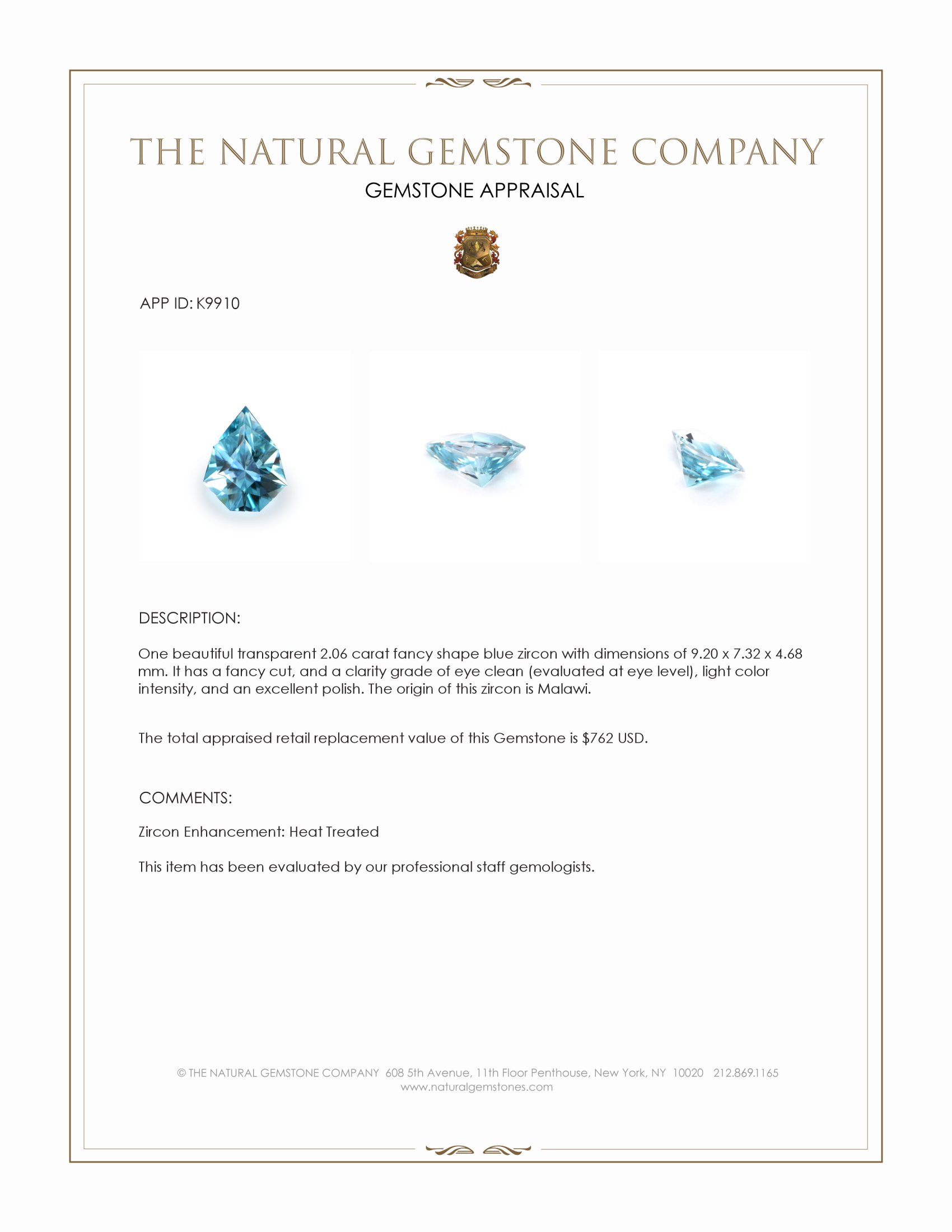2.06 Ct. Blue Zircon from Malawi