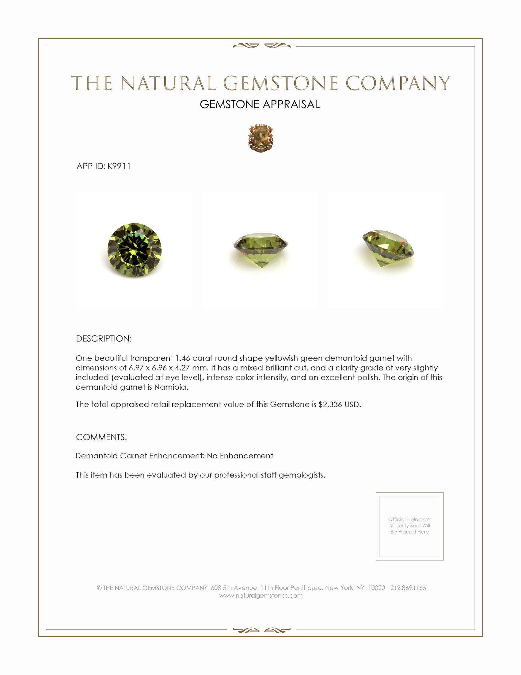 1.46 Ct. Demantoid Garnet from Namibia