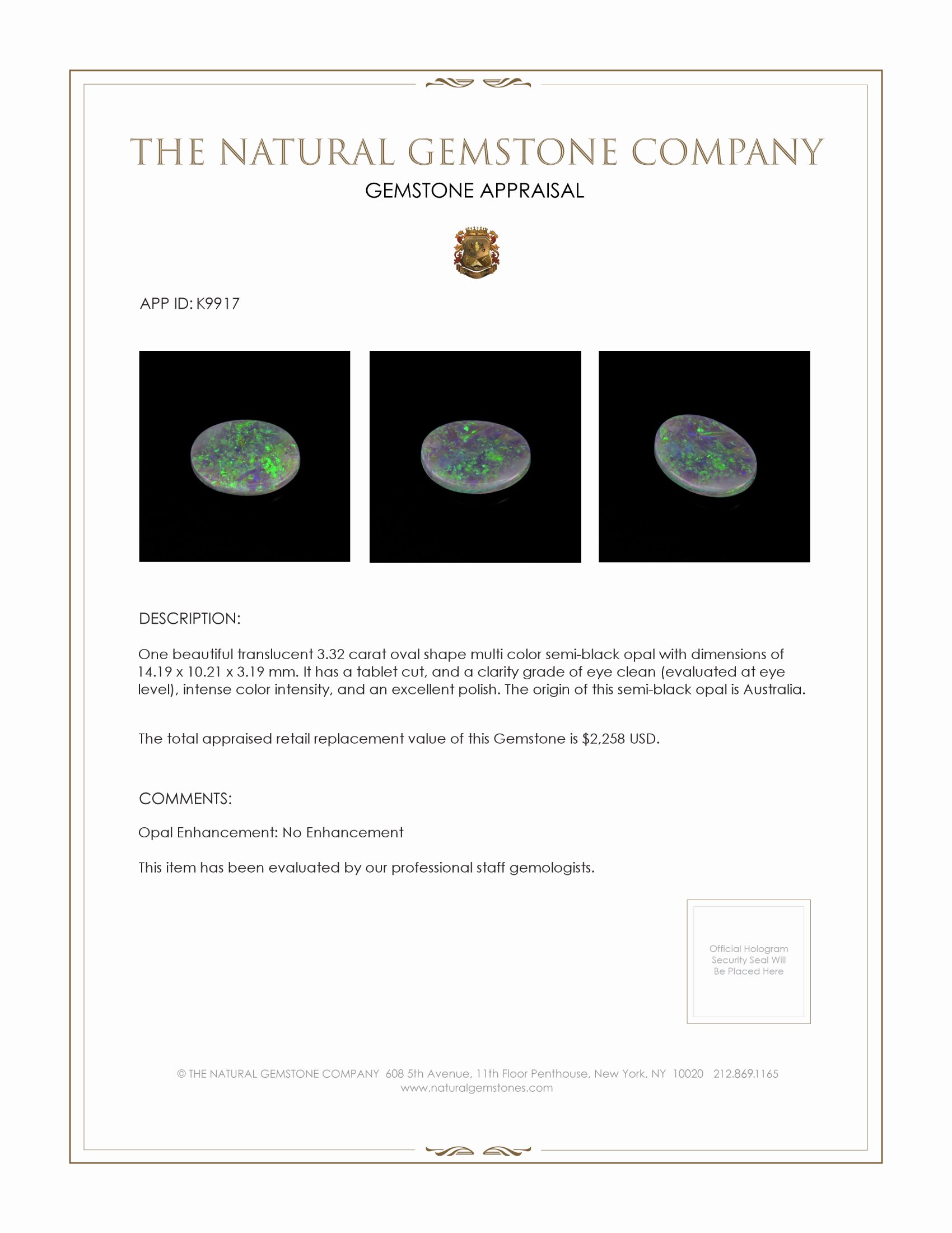 3.32 Ct. Semi-Black Opal from Australia