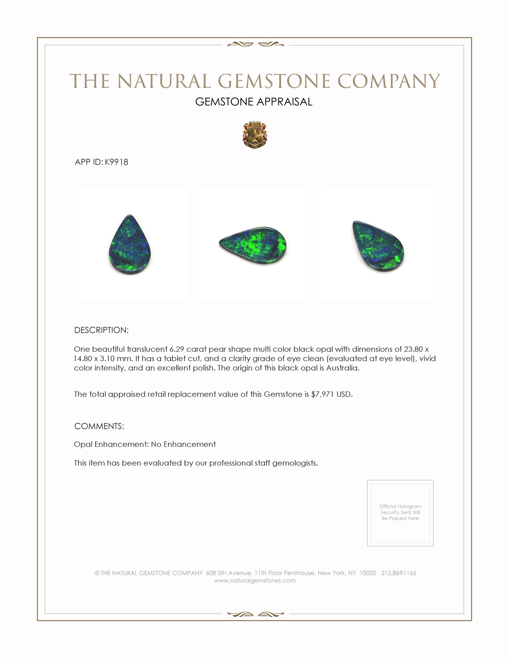 6.29 Ct. Black Opal from Australia