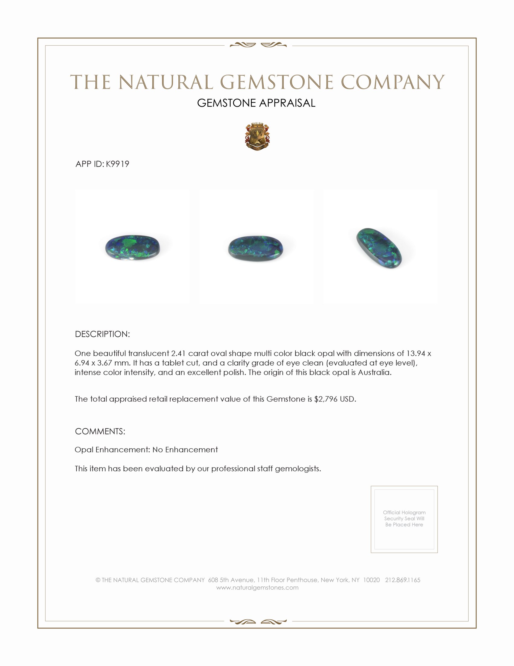 2.41 Ct. Multi Color Black Opal (Dark Opal) from Australia
