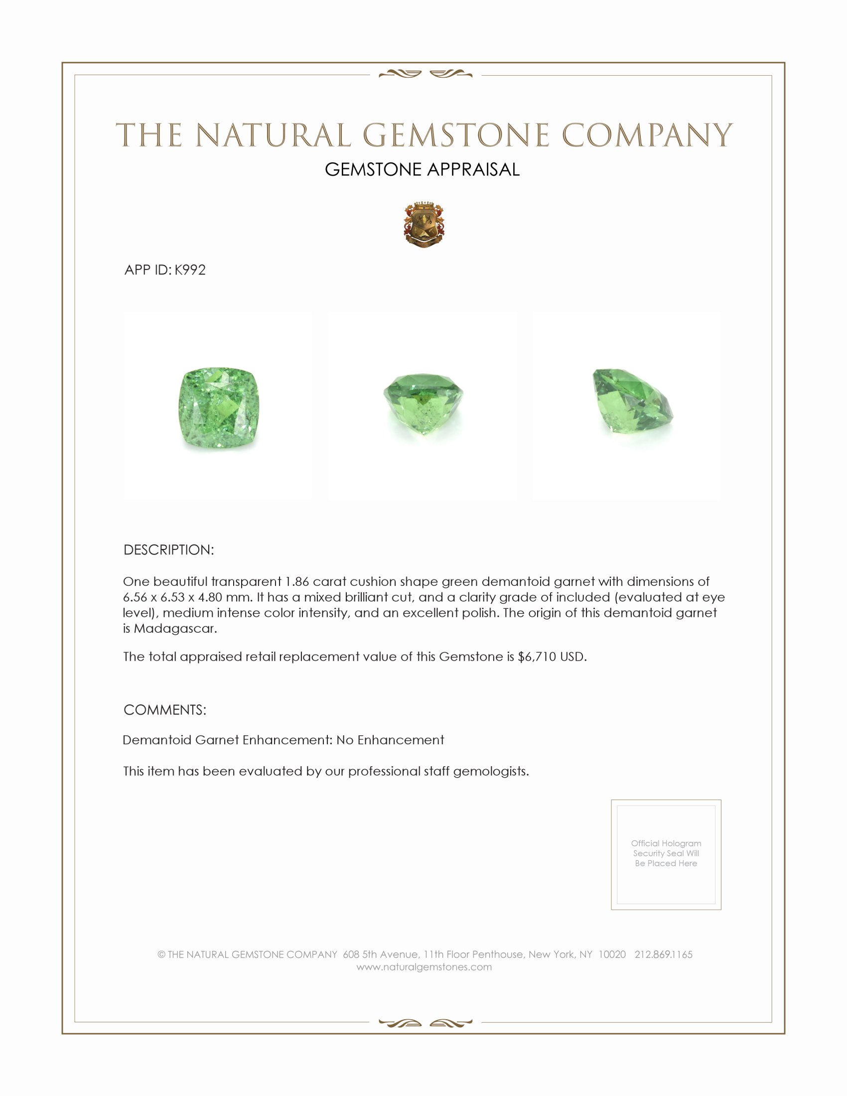 1.86 Ct. Demantoid Garnet from Madagascar