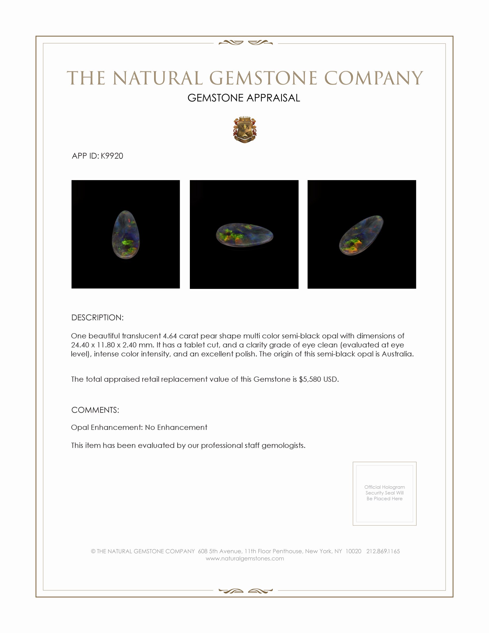 4.64 Ct. Semi-Black Opal from Australia