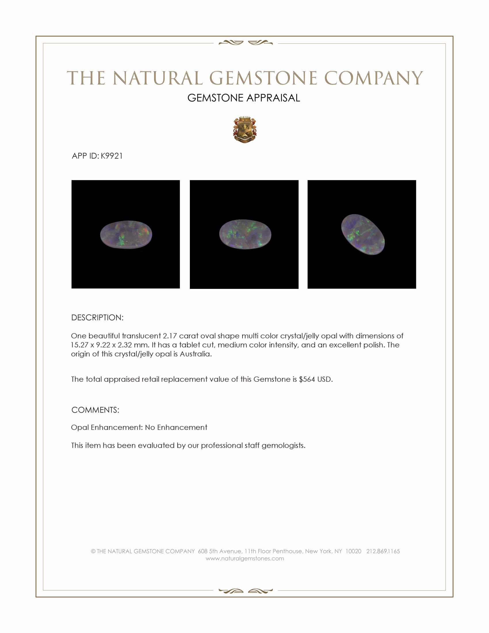 2.17 Ct. Multi Color Crystal/Jelly Opal from Australia