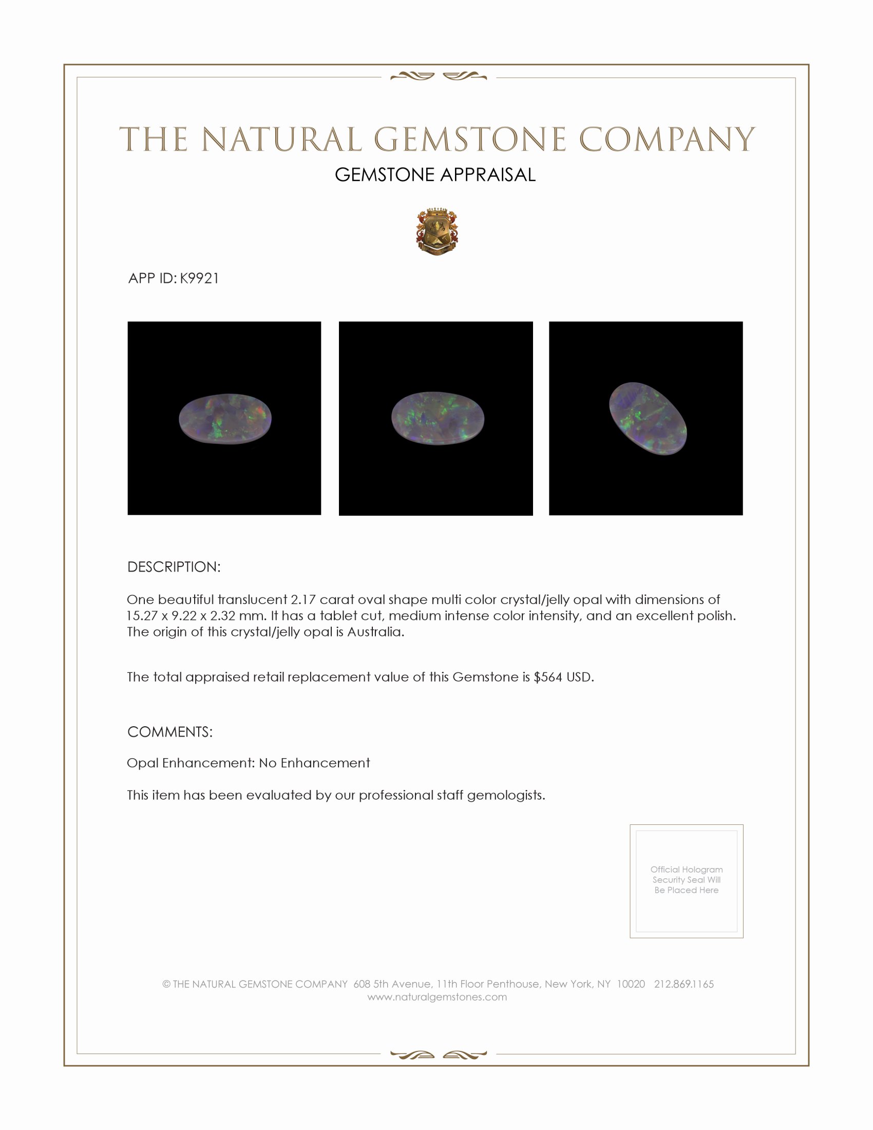 2.17 Ct. Crystal/Jelly Opal from Australia