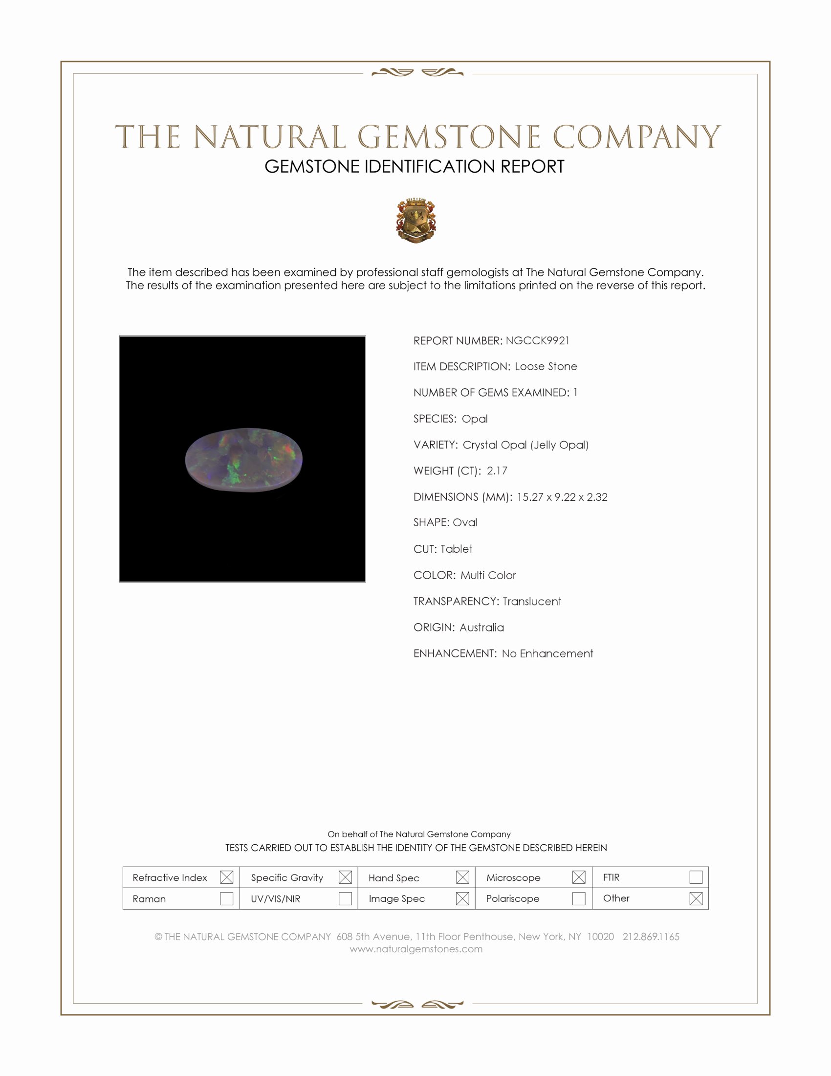 2.17 Ct. Multi Color Crystal Opal (Jelly Opal) from Australia