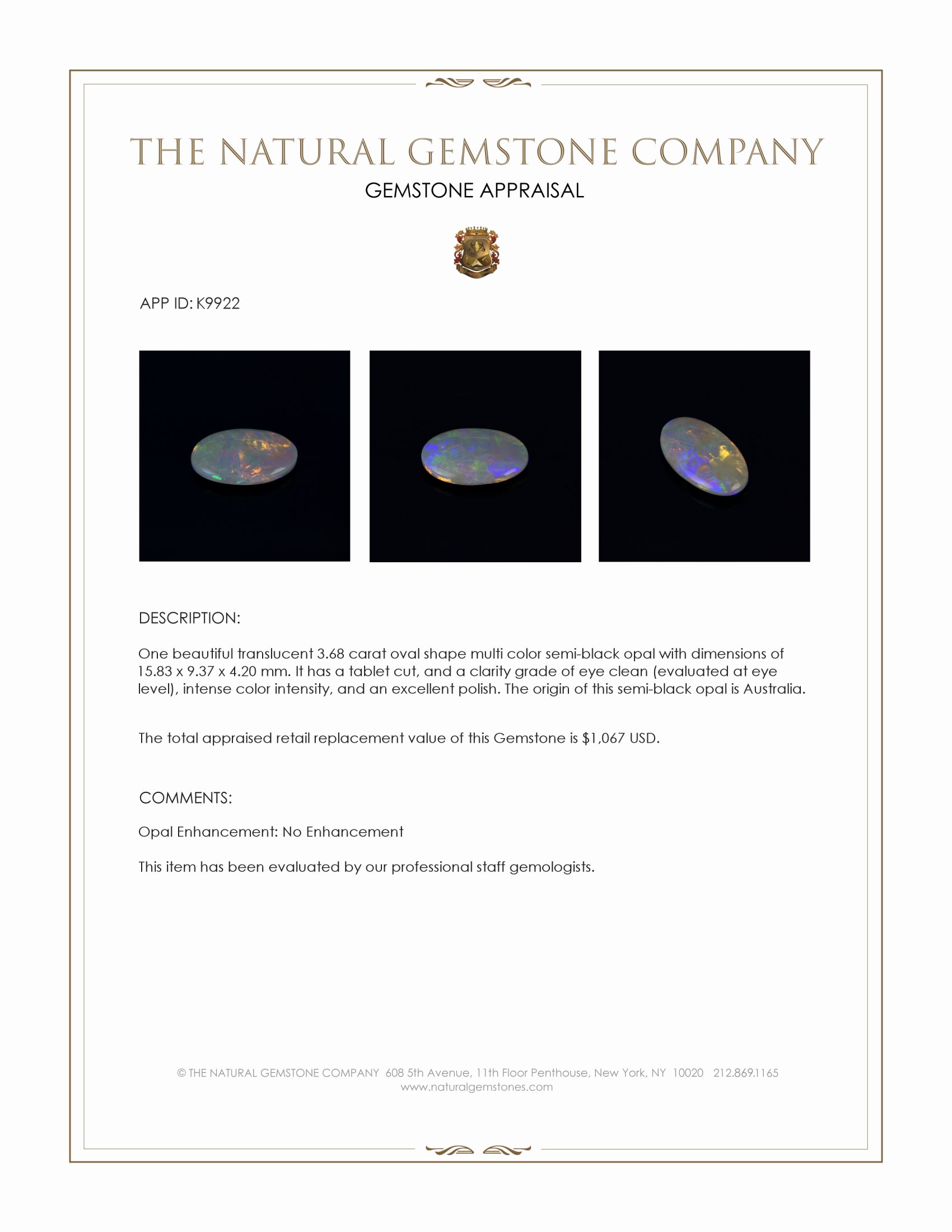 3.68 Ct. Multi Color Semi-Black Opal from Australia