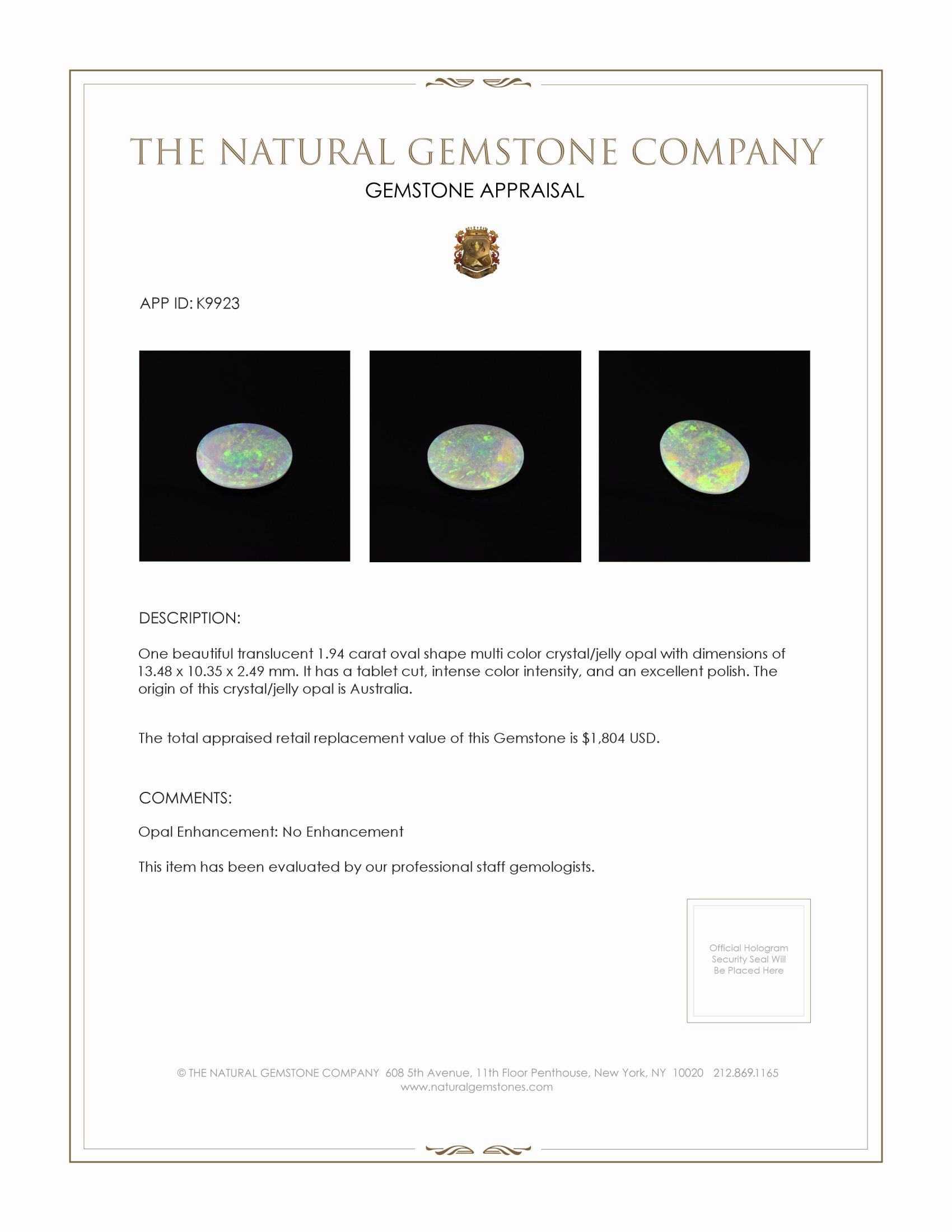 1.94 Ct. Crystal/Jelly Opal from Australia