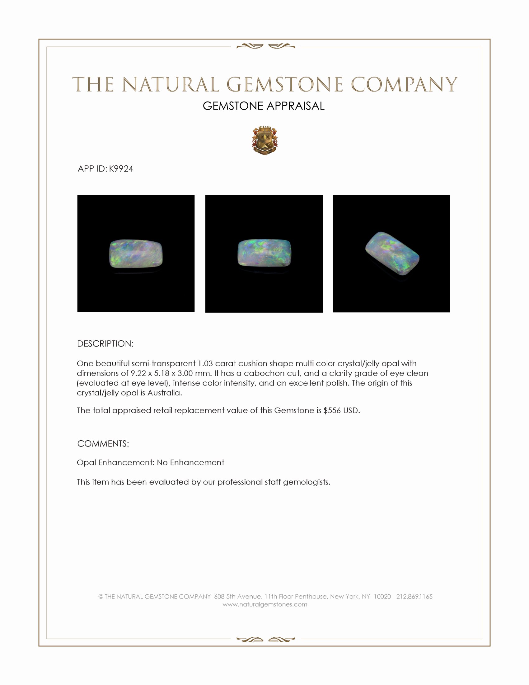 1.03 Ct. Cabochon Crystal/Jelly Opal from Australia