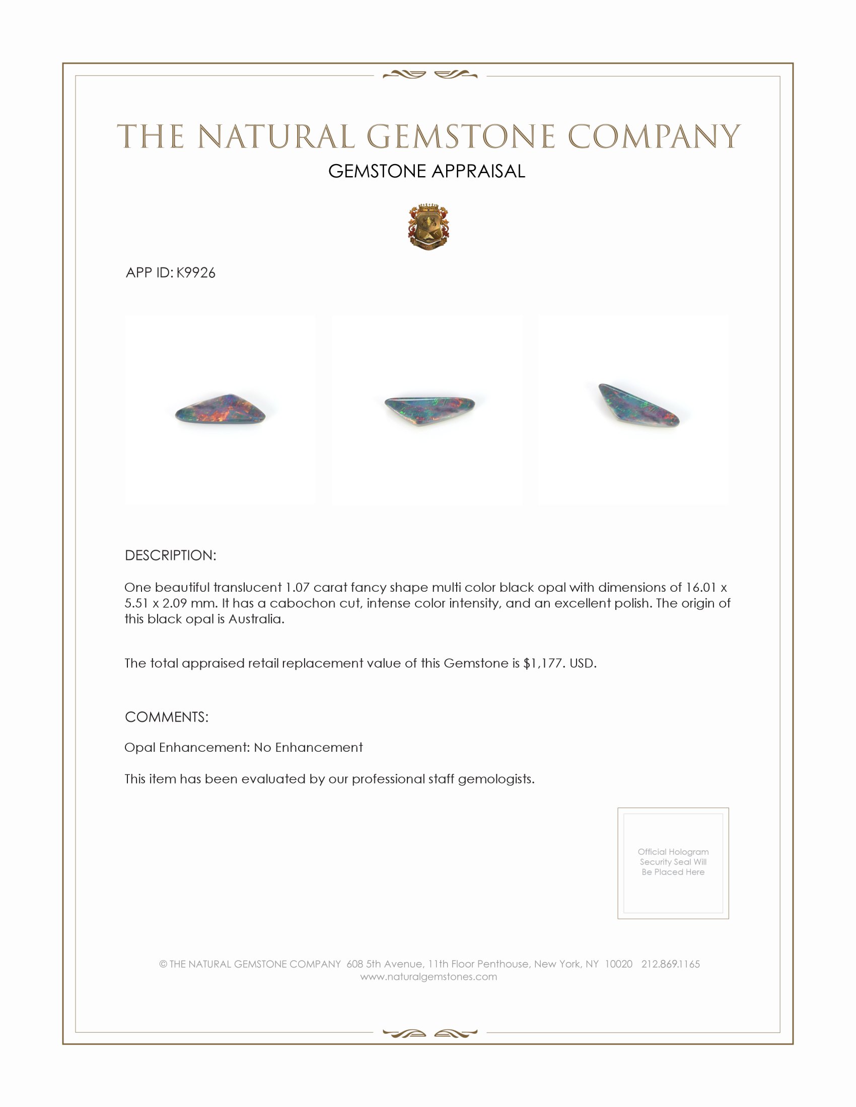 1.07 Ct. Cabochon Black Opal from Australia